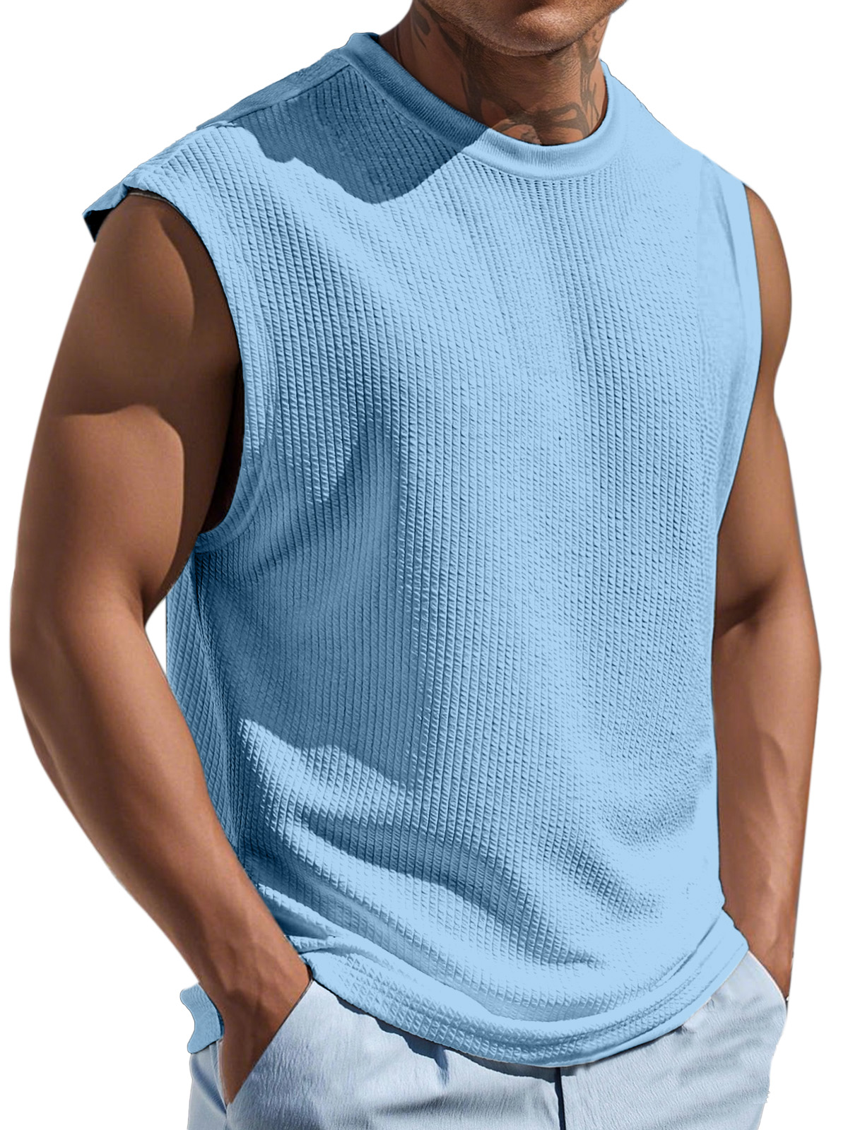 Men's Casual And Comfortable Texture Solid Color Round Neck Sleeveless T-shirt