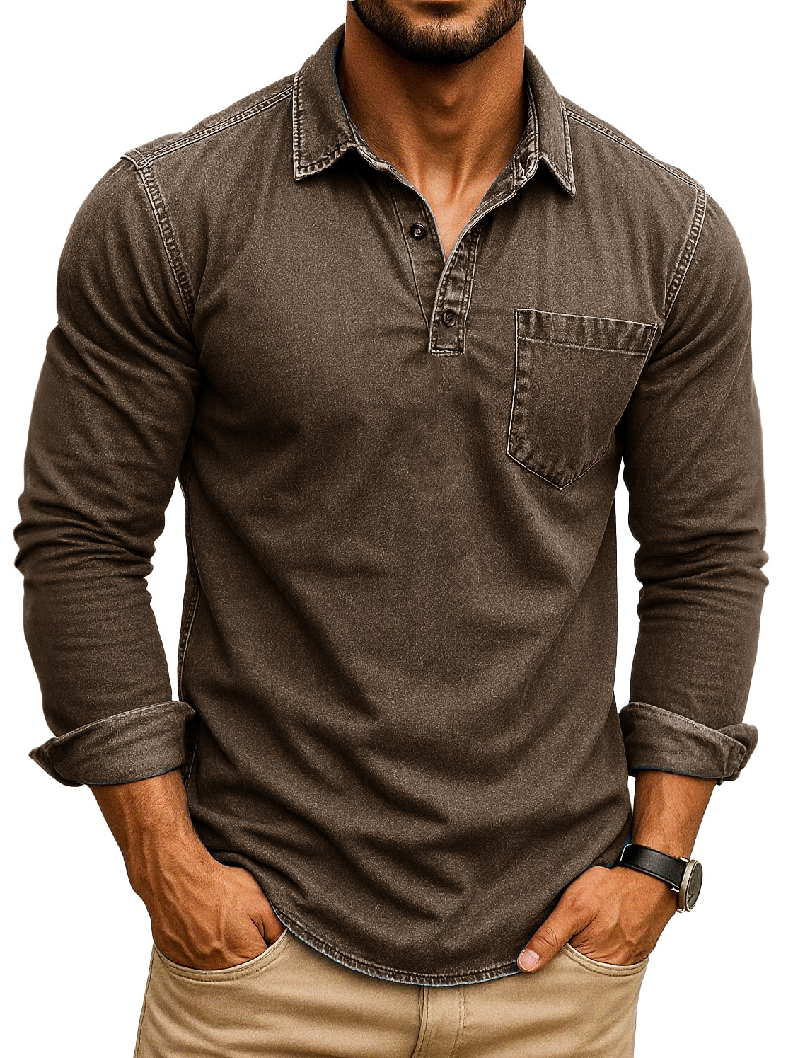 Men's Retro Fashion Distressed Lapel Pocket Long Sleeve Polo Shirt