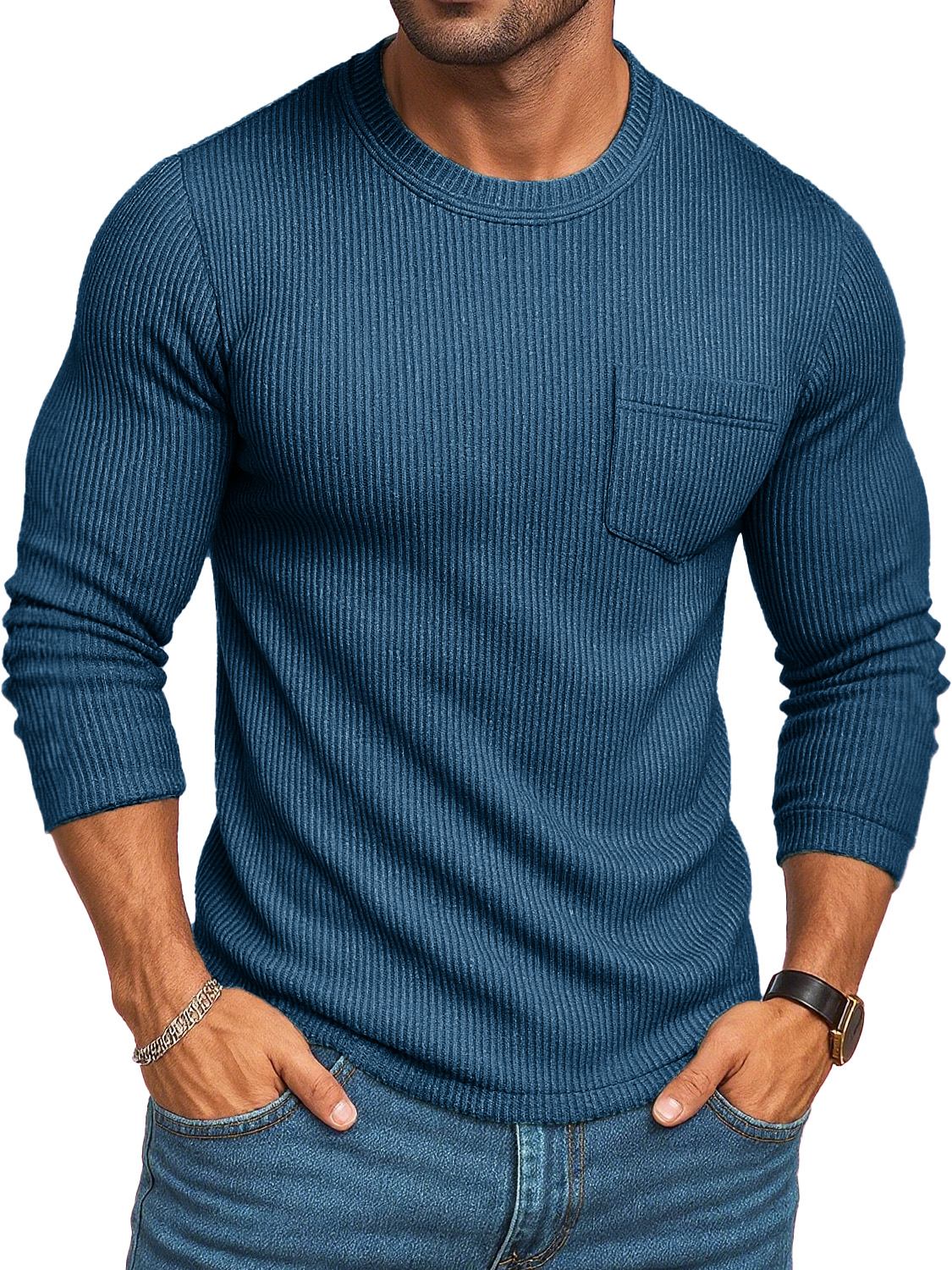 Men's Stylish Casual Retro Round-neck Ribbed Fabric Long-sleeved Pocket T-shirt