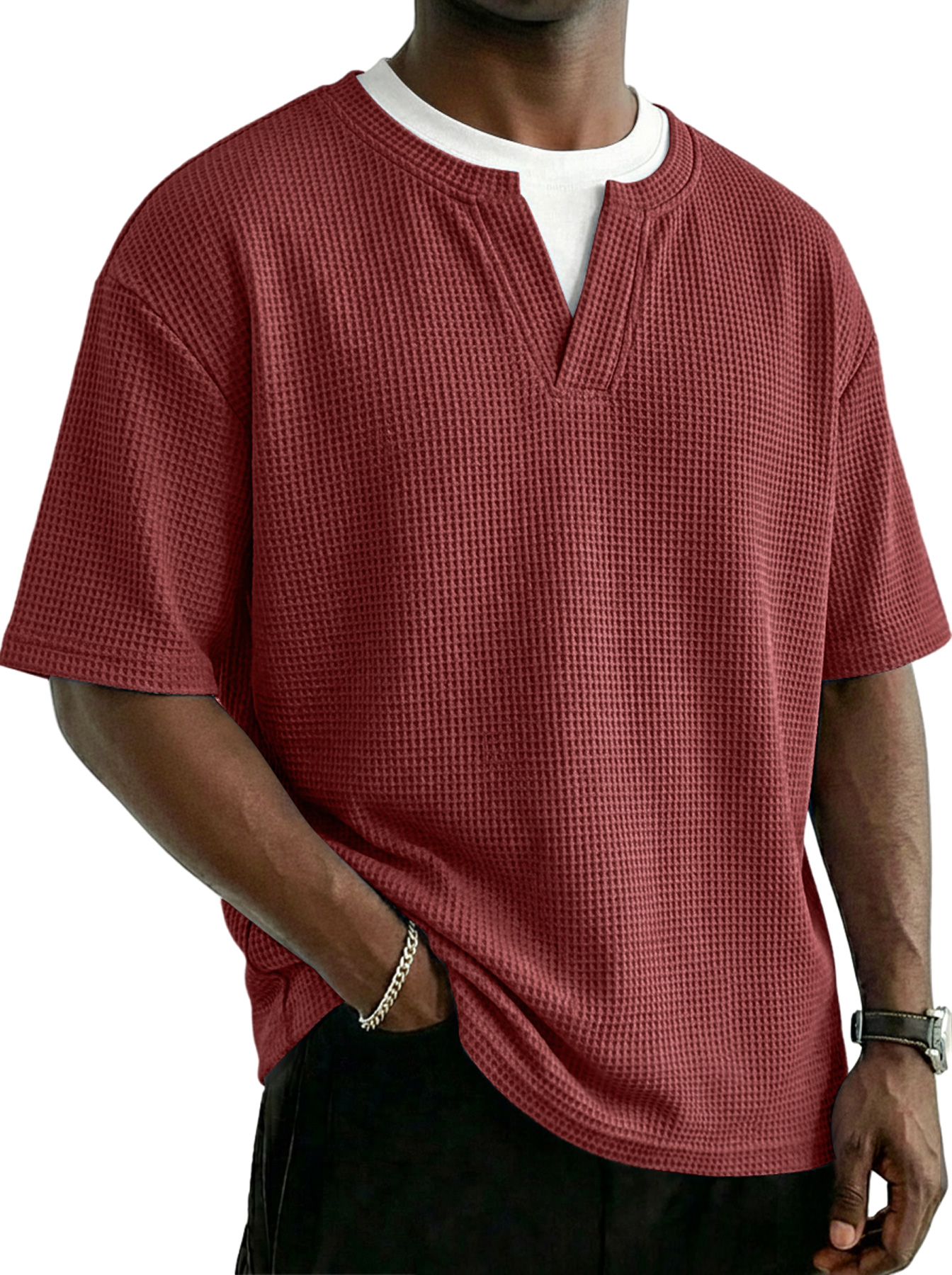 Men's Waffle-knit Faux Two-piece Casual Solid Color Short-sleeved T-shirt