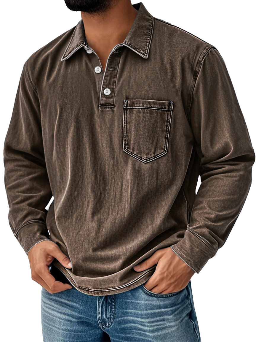 Men's Vintage Distressed Lapel Pocket Casual Long-sleeved Polo Shirt