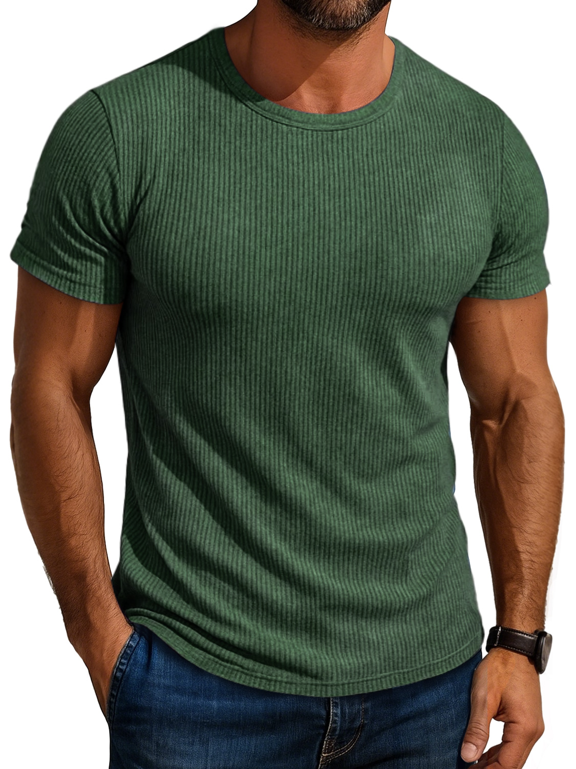 Men's Daily Round Neck Ribbed Casual Comfortable Solid Color Short-sleeved T-shirt