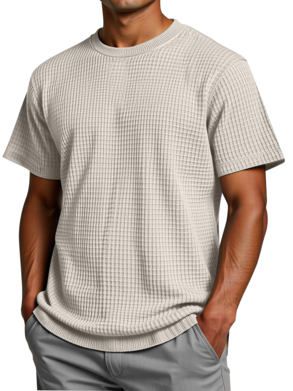Men's Solid Color Comfortable Loose Waffle Texture Short-sleeved T-shirt