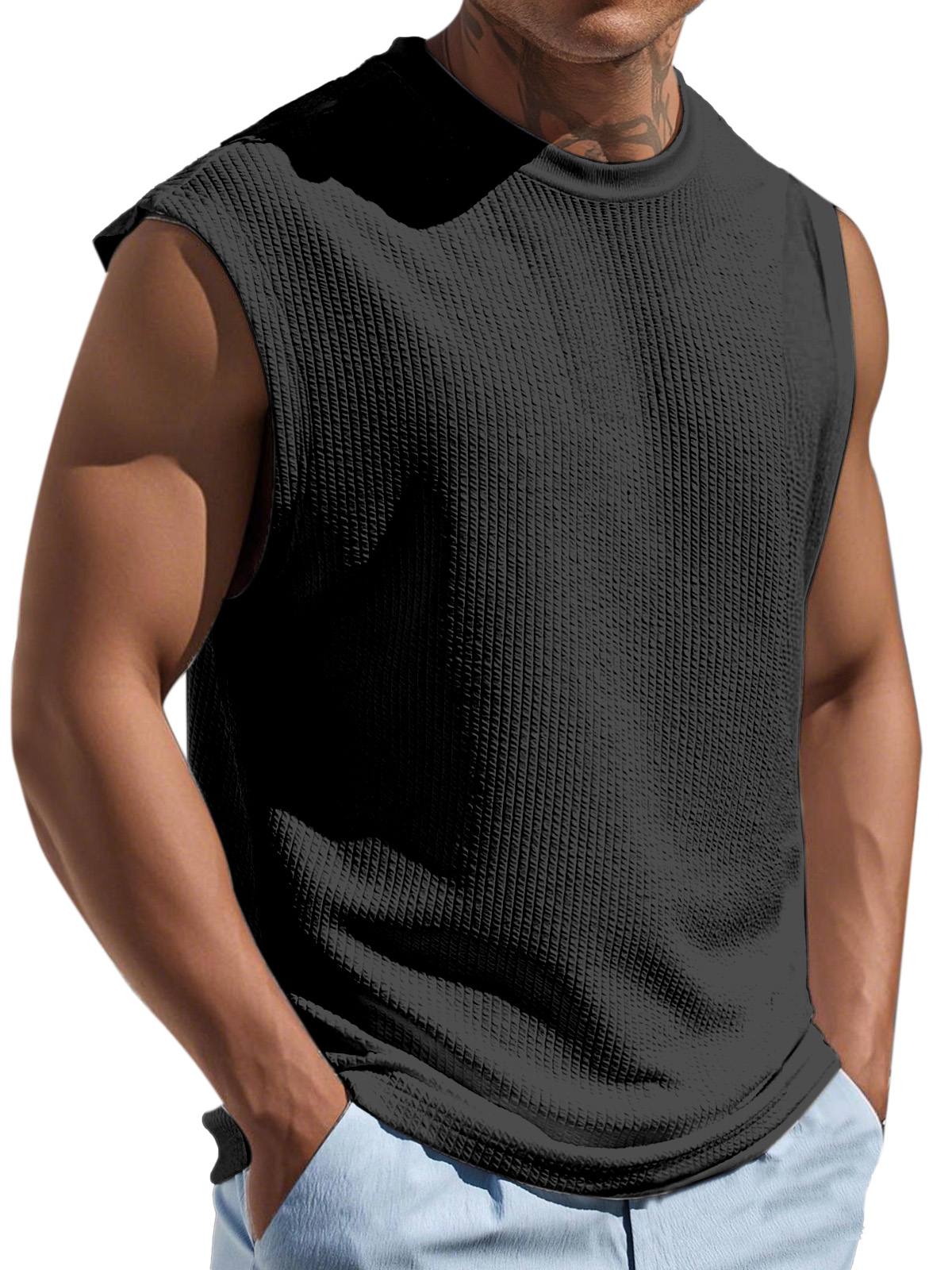 Men's Casual And Comfortable Texture Solid Color Round Neck Sleeveless T-shirt
