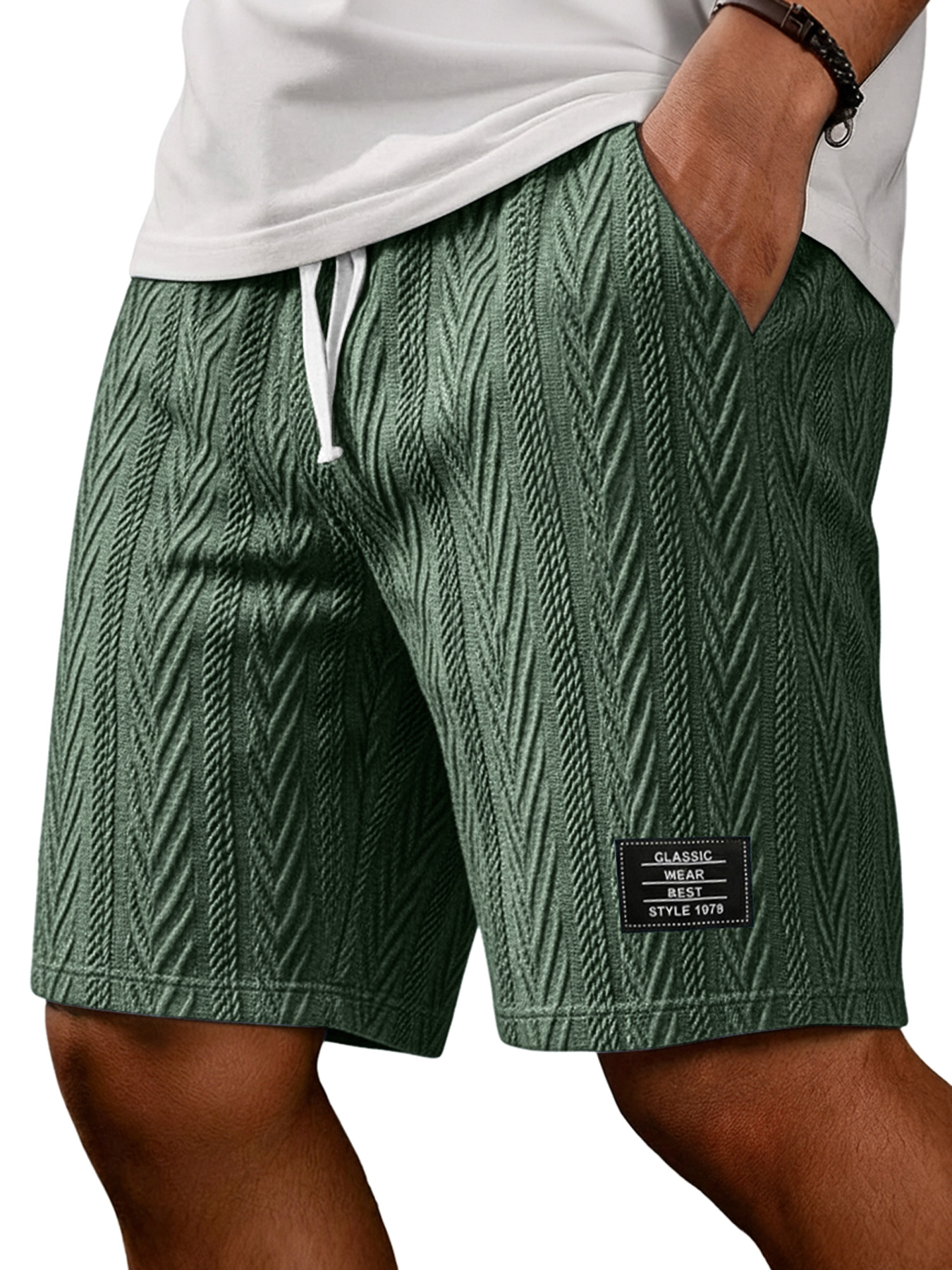 Men's Fashion Textured Embroidered Logo Casual Loose Shorts