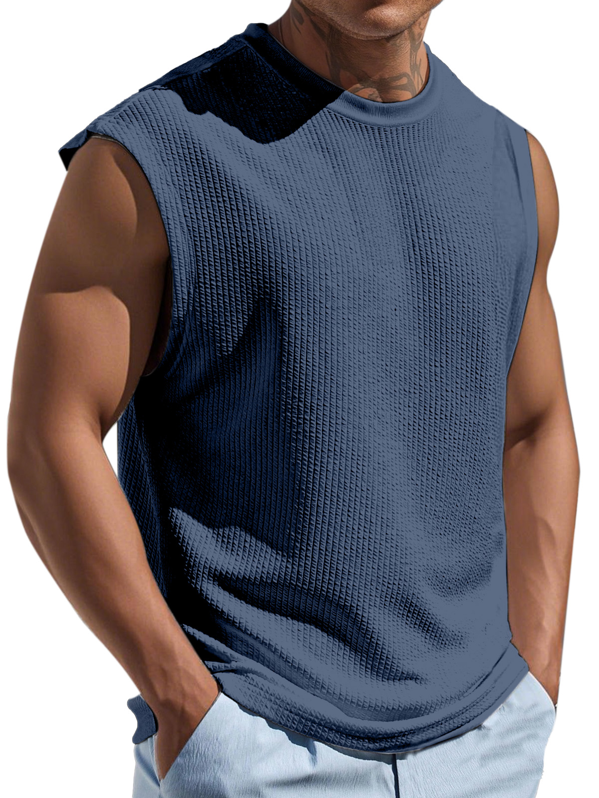 Men's Casual And Comfortable Texture Solid Color Round Neck Sleeveless T-shirt