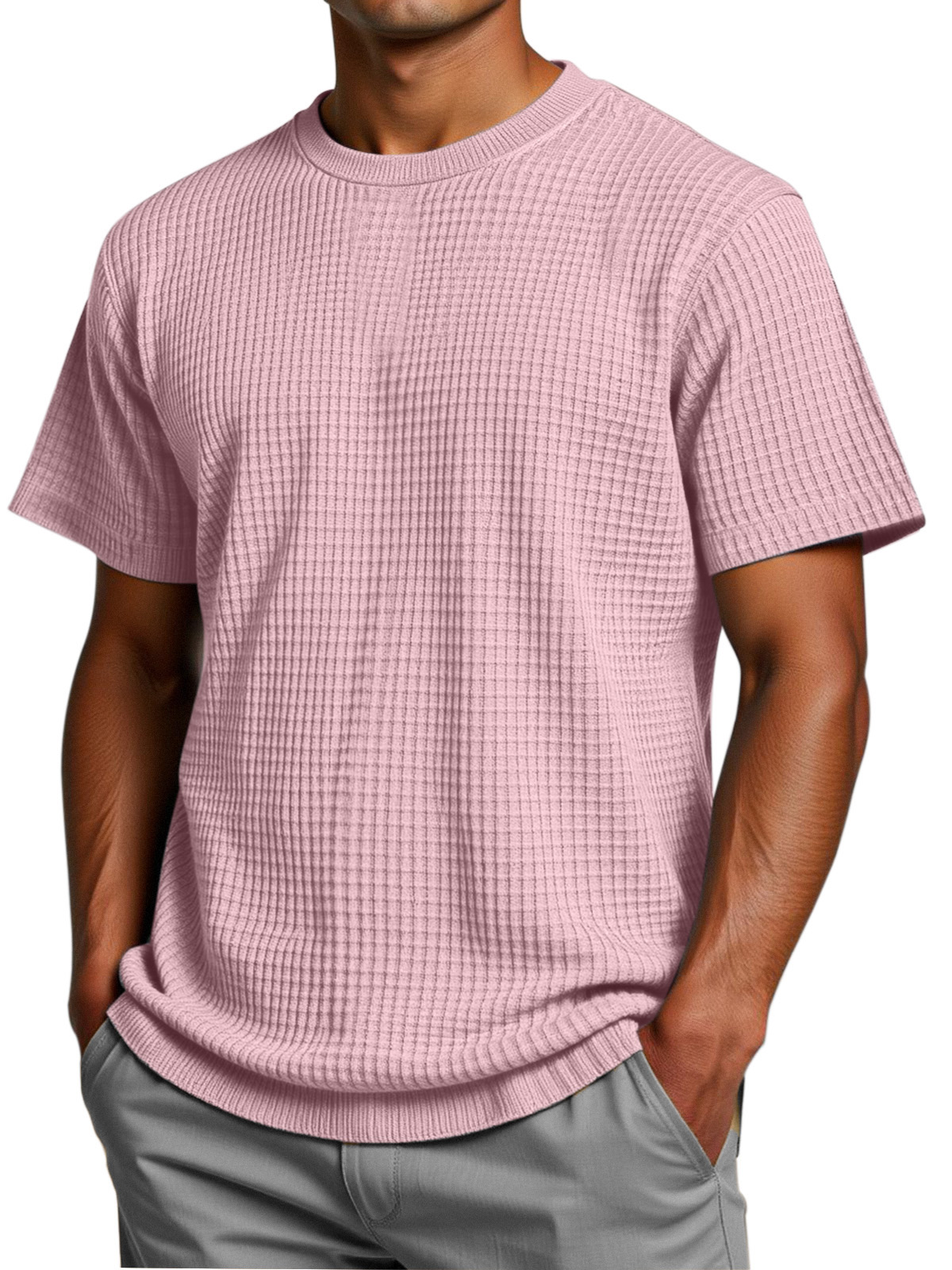 Men's Solid Color Comfortable Loose Waffle Texture Short-sleeved T-shirt