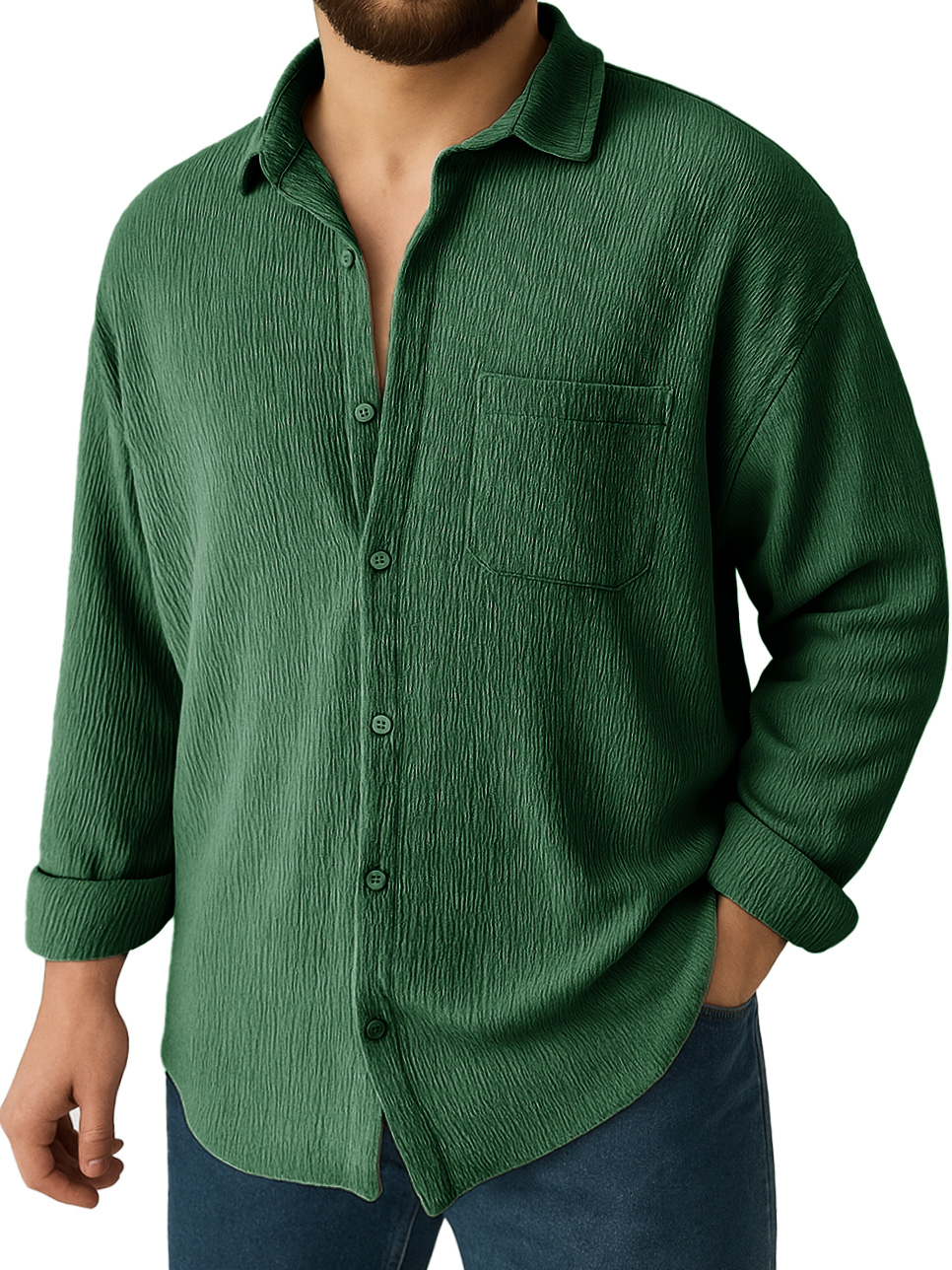 Men's Clothing Fashionable Daily Jacquard Texture Fabric Loose Pockets Long-sleeved Lapel Shirt