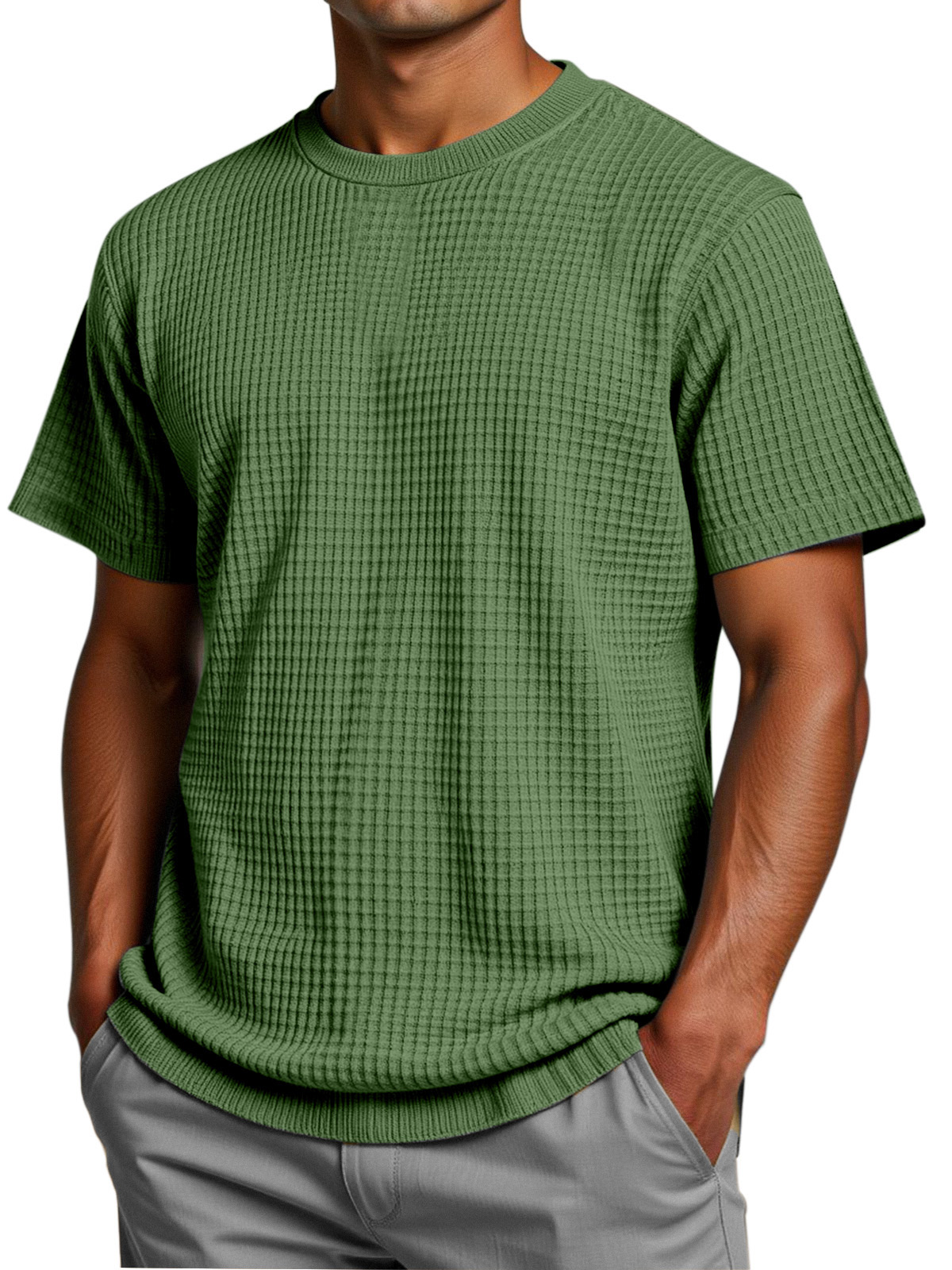 Men's Solid Color Comfortable Loose Waffle Texture Short-sleeved T-shirt