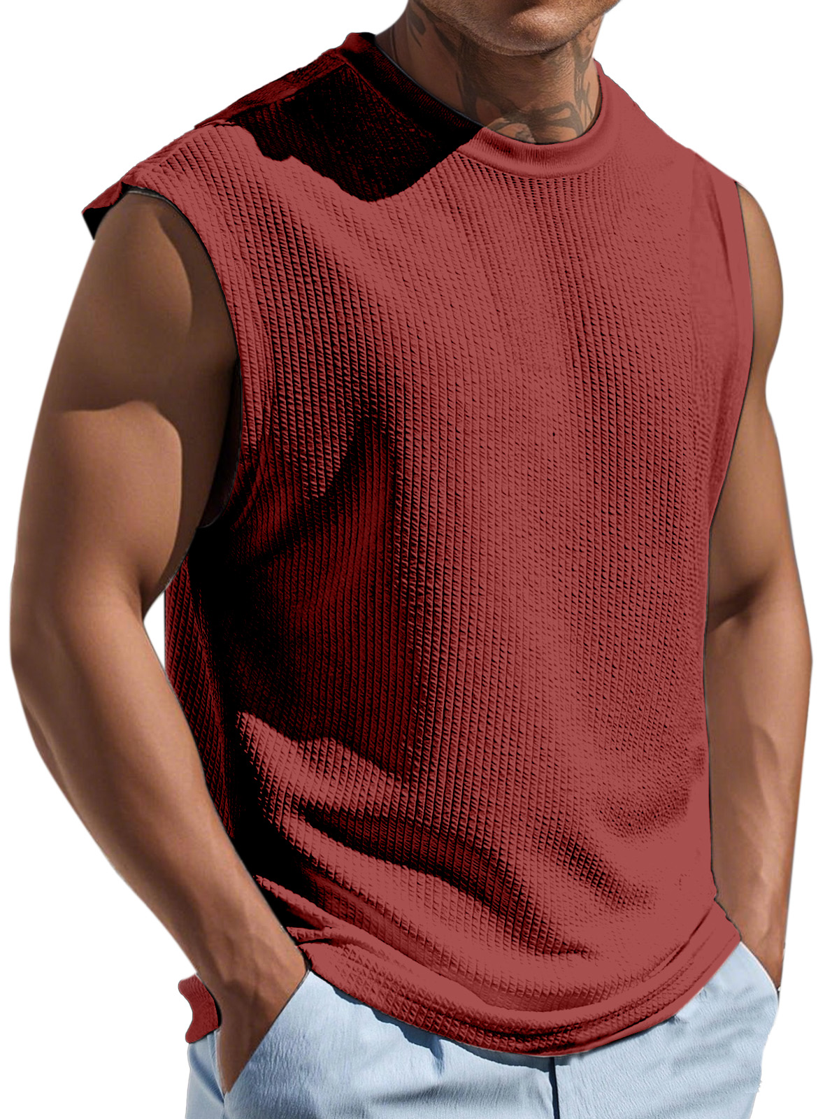 Men's Casual And Comfortable Texture Solid Color Round Neck Sleeveless T-shirt