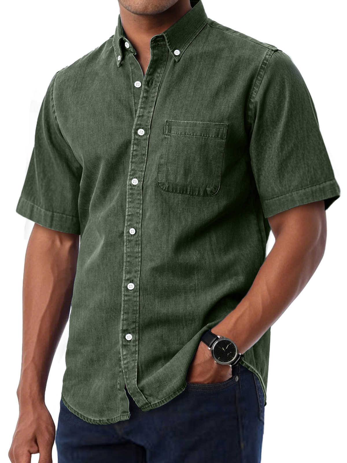 Men's Daily Casual Lapel Pocket Solid Color Comfortable Short Sleeve Shirt