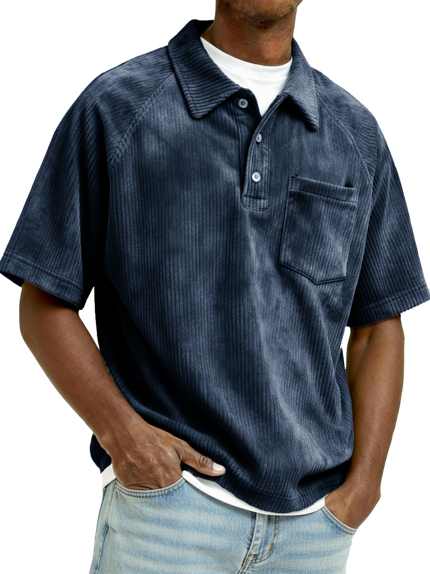 Men's Retro Raglan Corduroy Loose Pocket Short-Sleeve Polo Shirt