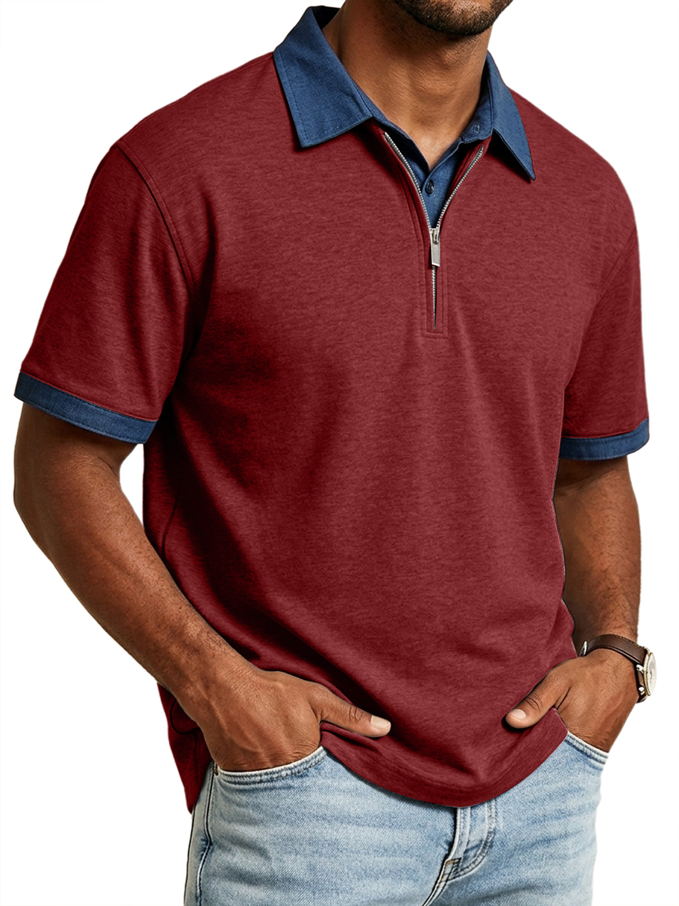 Men's Casual Faux Two-Piece Collared Zipper Color Block Short-Sleeve Polo Shirt