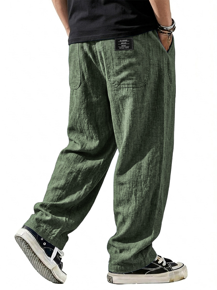 Men's Breathable Cotton-Linen Casual Trousers with Embroidered Logo