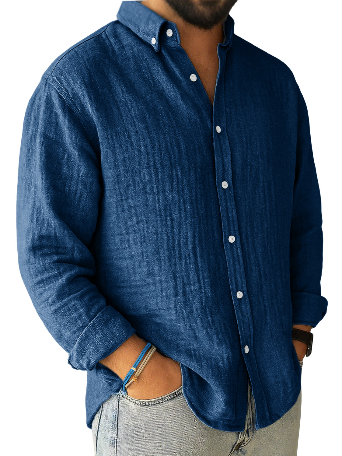 Men's Casual Pleated Loose-fitting Long-sleeved Lapel Shirt