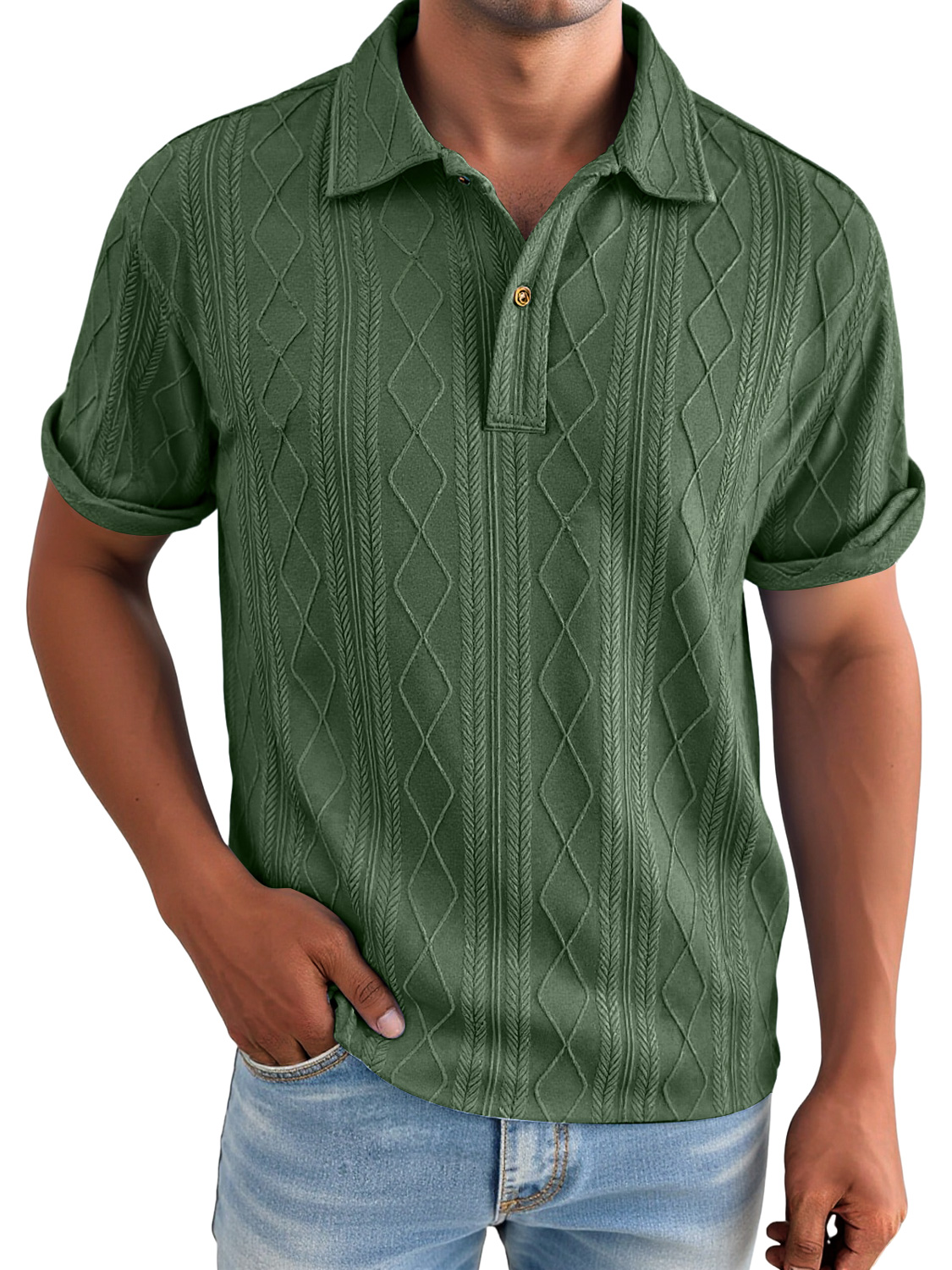 Men's Daily Jacquard Texture Casual Lapel Solid Color Short-sleeved Polo Shirt
