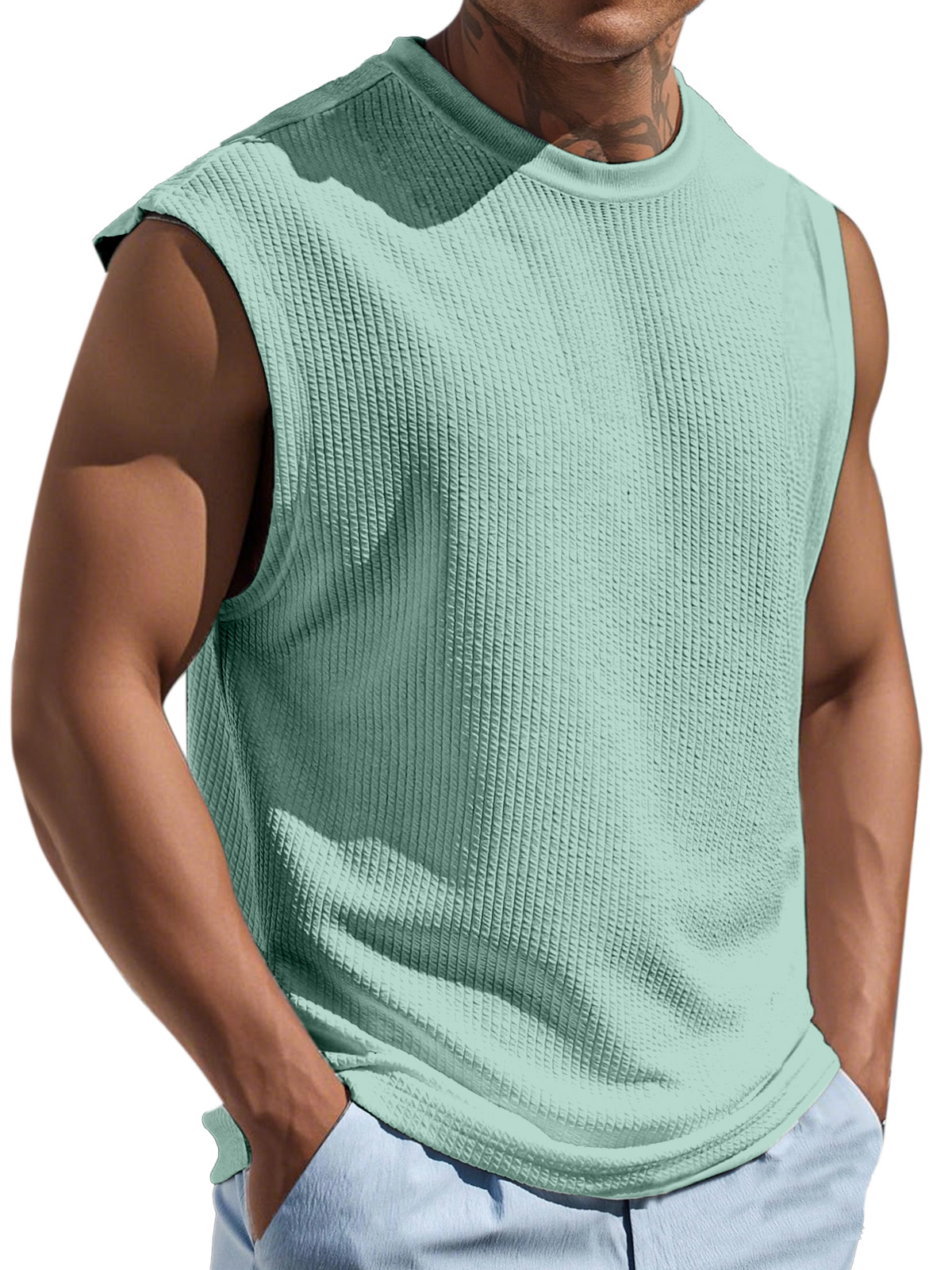 Men's Casual And Comfortable Texture Solid Color Round Neck Sleeveless T-shirt