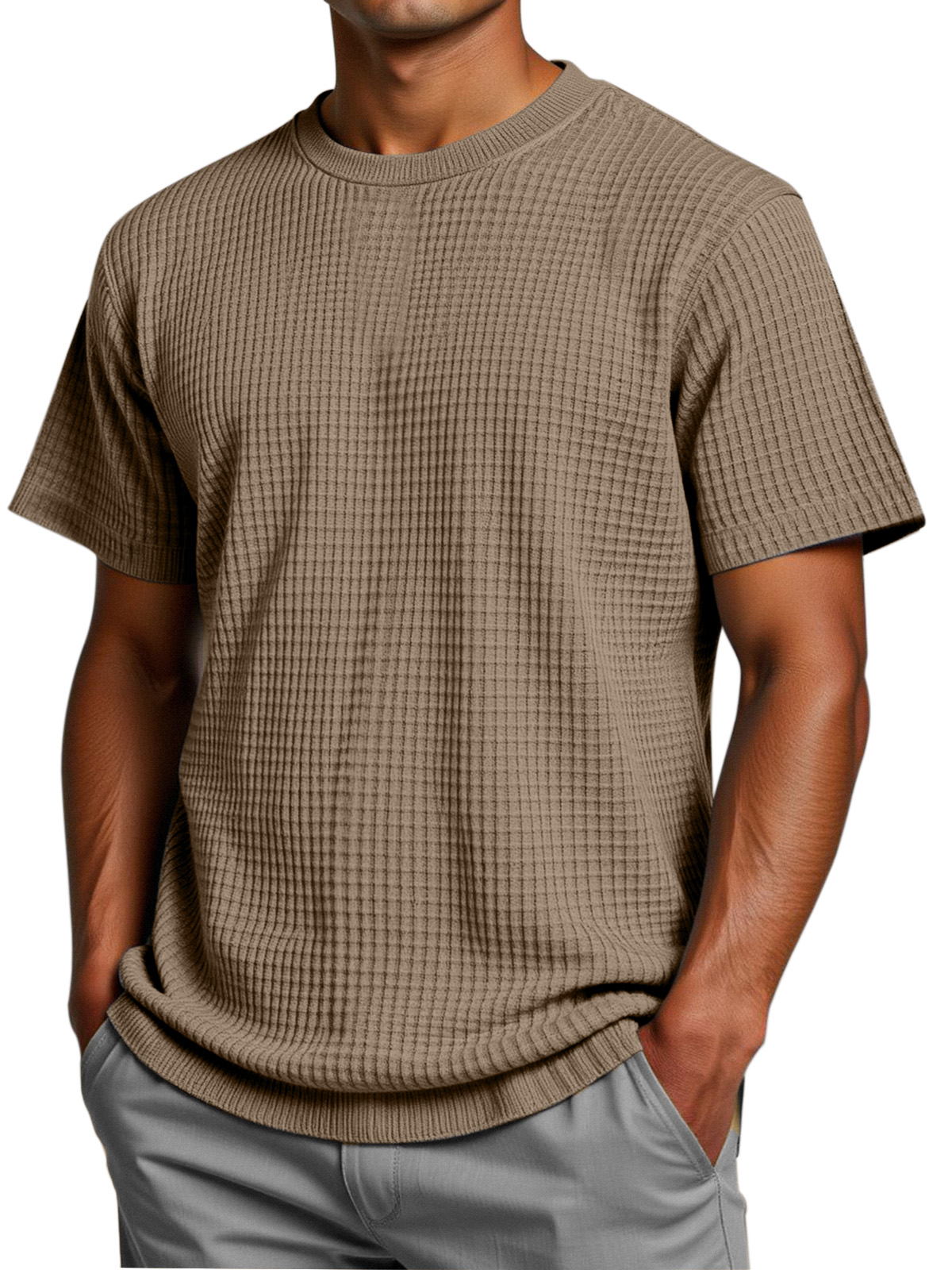 Men's Solid Color Comfortable Loose Waffle Texture Short-sleeved T-shirt