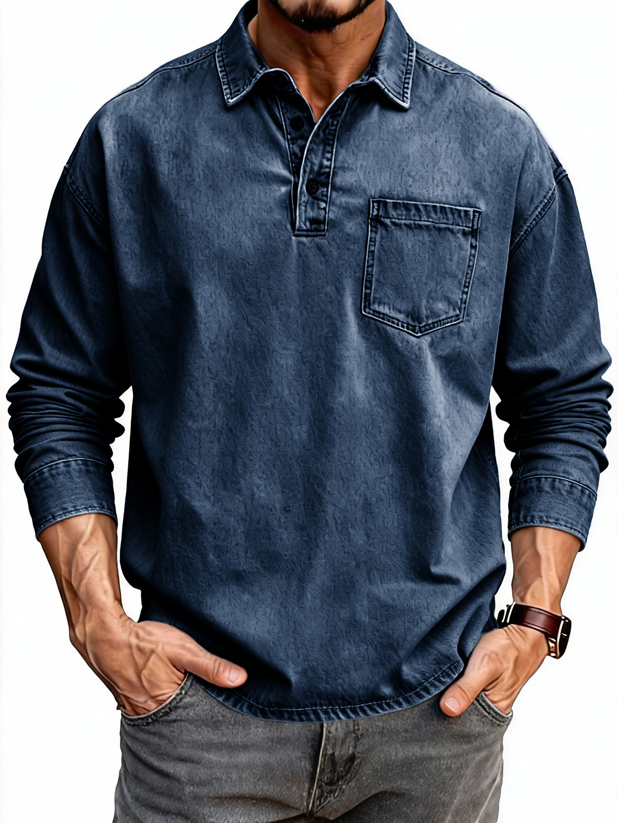 Men's Fashion Retro Distressed Lapel Pocket Long-Sleeve Polo Shirt