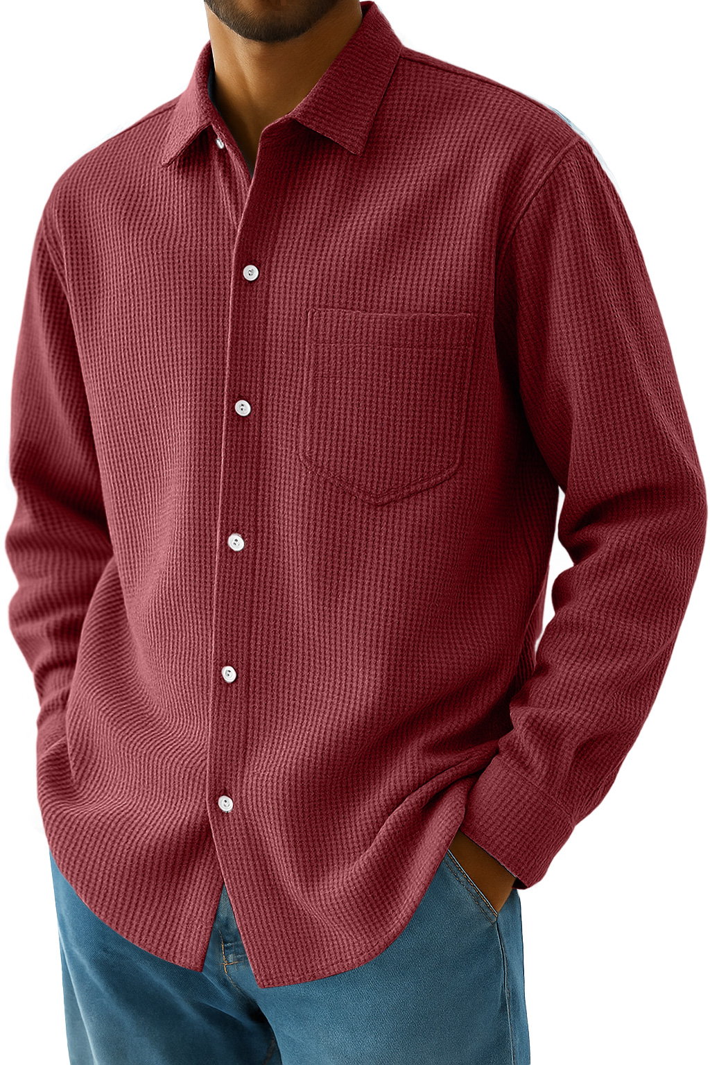 Men's Everyday Waffle Casual Pocket Long Sleeve Shirt