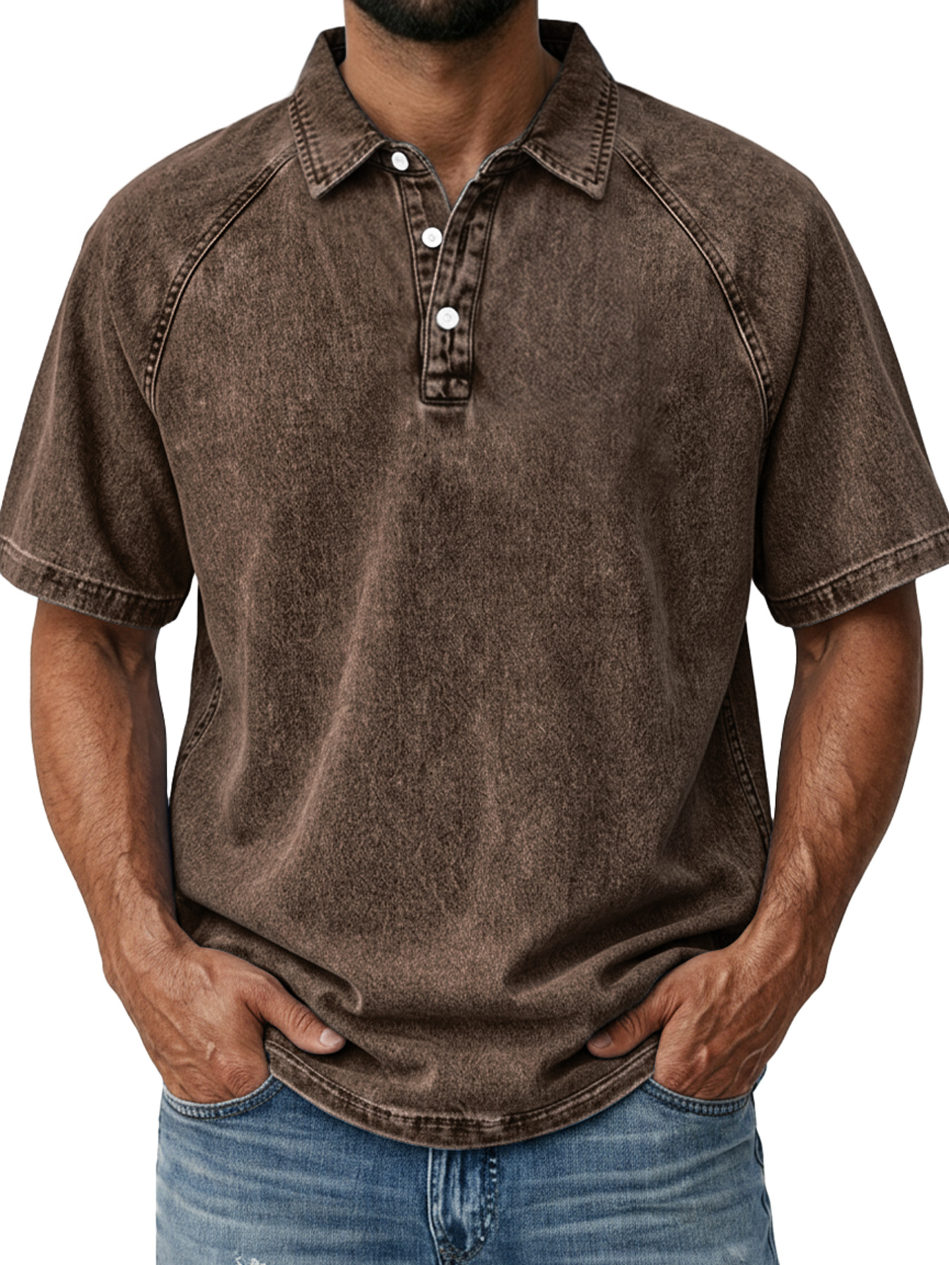 Men's Casual Retro Raglan Collar Button-Down Short Sleeve Polo Shirt