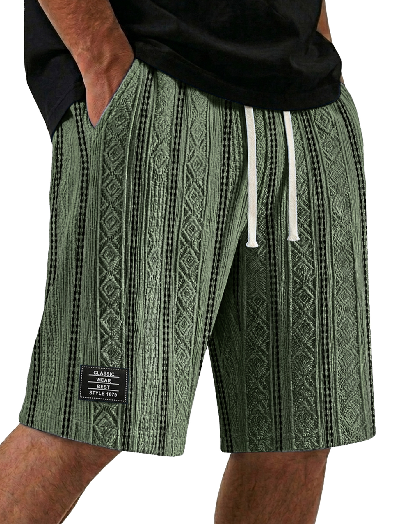 Men's Color-Blocked Textured Embroidered Logo Casual Loose Shorts
