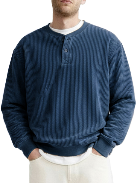 Men's Fashionable Casual Two-Piece Ribbed Fabric Long-Sleeved Henley Shirt