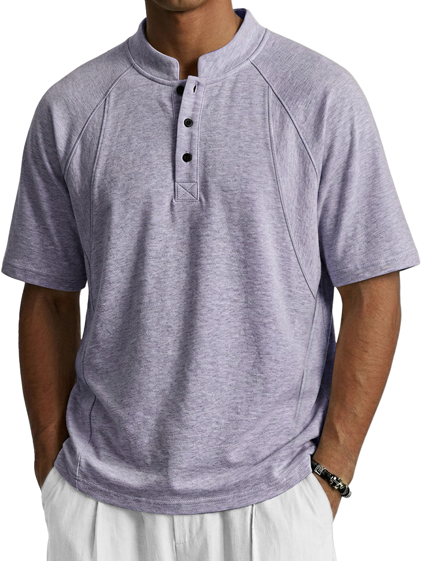 Men's Deconstructed Design Stand-up Collar Button Casual Short-sleeved Henley Shirt
