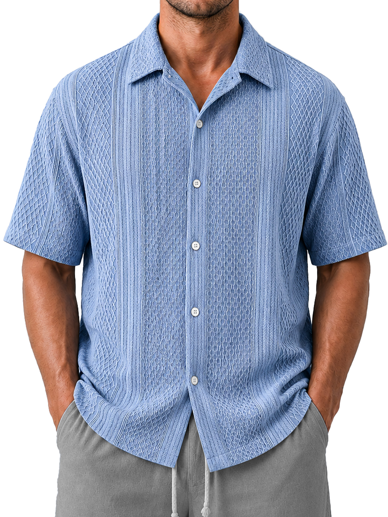 Men's Casual Jacquard Textured Solid Color Short-Sleeve Shirt