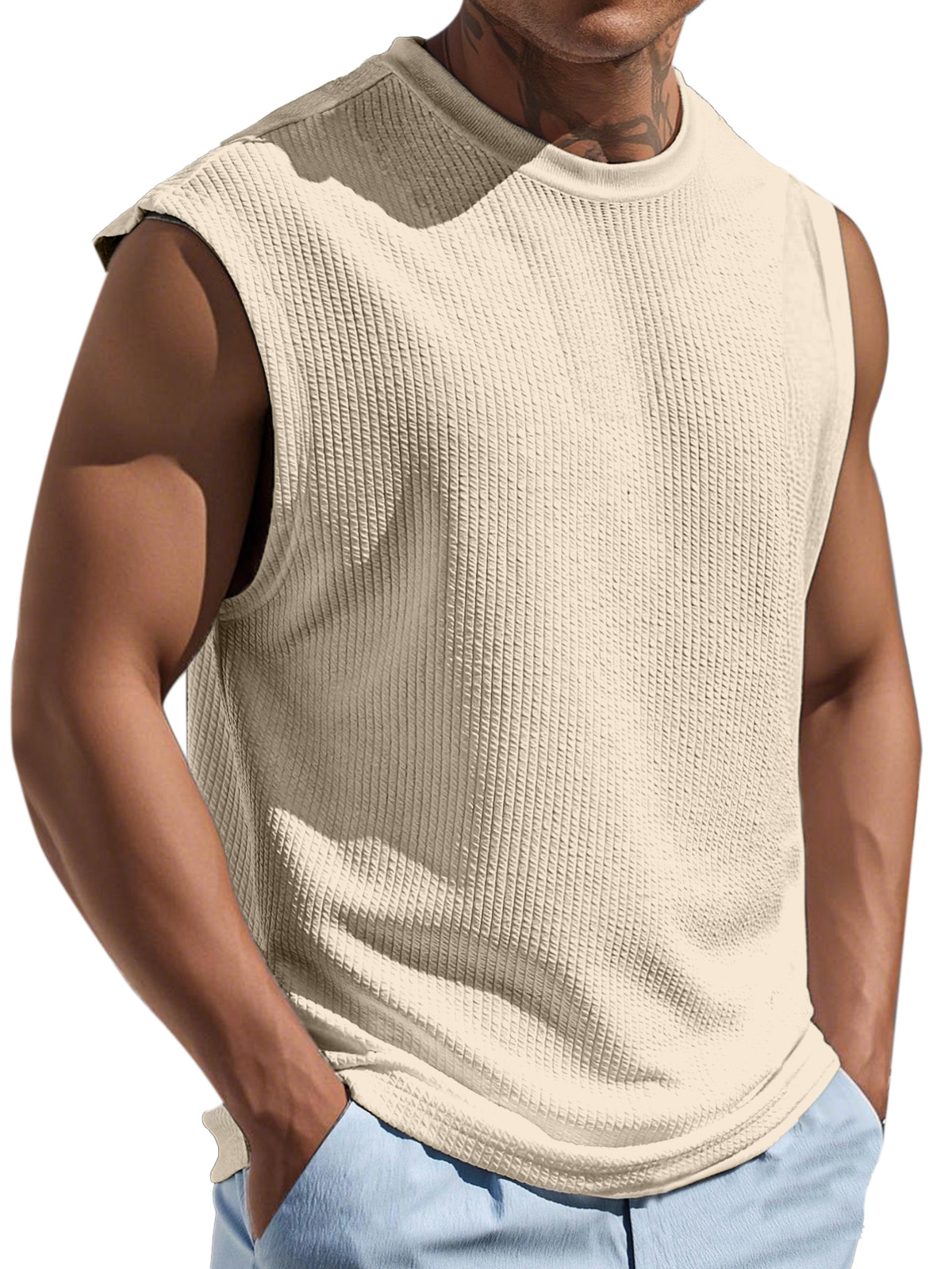 Men's Casual And Comfortable Texture Solid Color Round Neck Sleeveless T-shirt