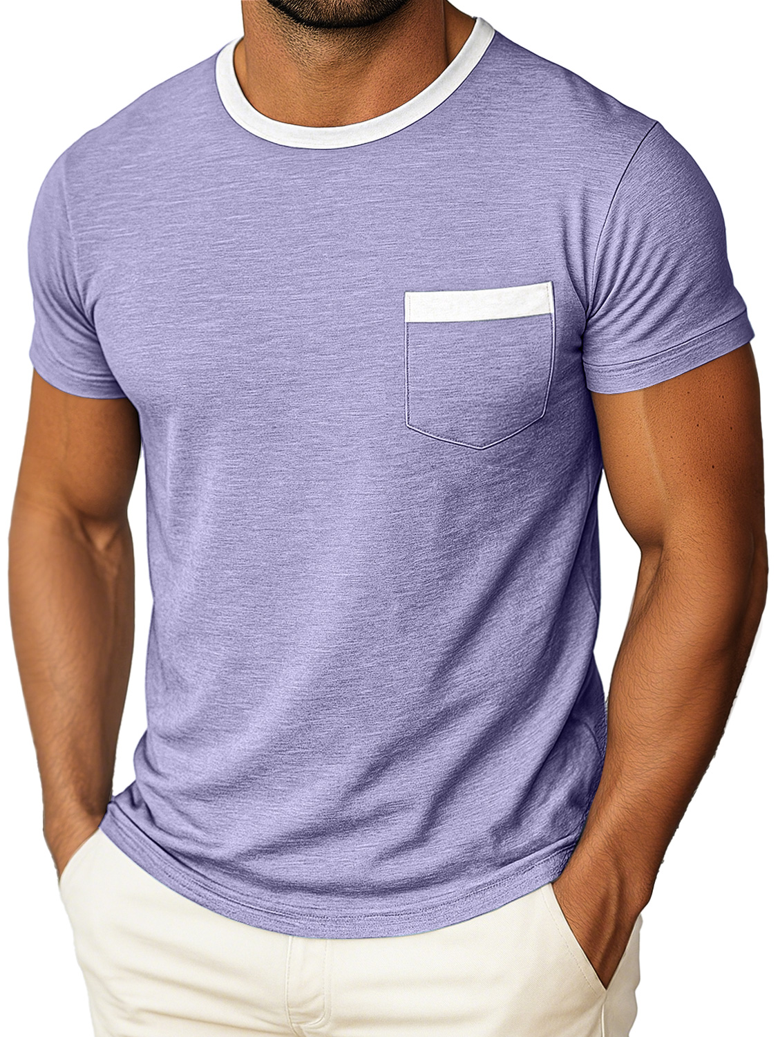 Men's Daily Round Neck Color Matching Pocket Casual Short Sleeve T-shirt