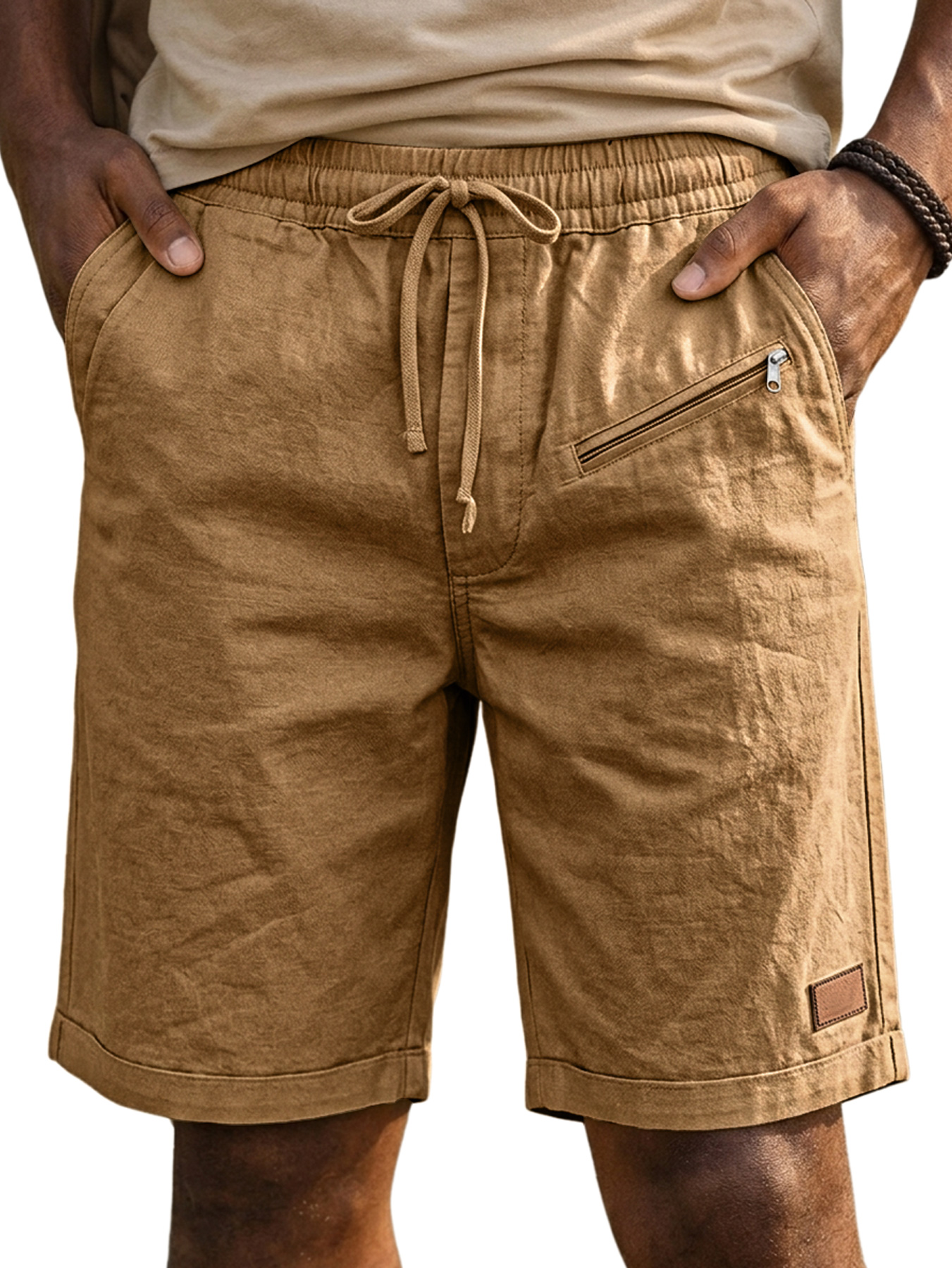 Men's 100% Cotton Casual Solid Color Shorts with Furnished Zipper Design