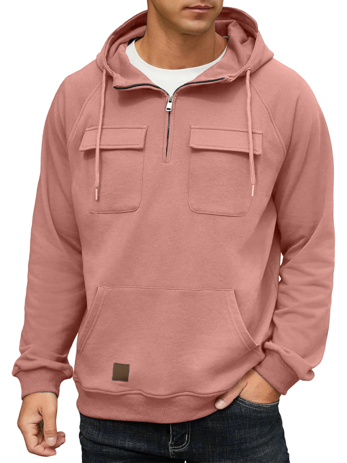 Men's Casual Hooded Zippered Double Pocket Solid Color Sweatshirt