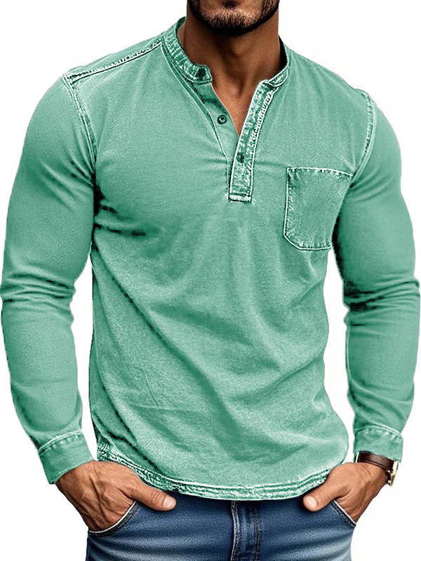 Men's Stylish Retro Outdoor Distressed Pocket Stand Collar Long-sleeved Henley Shirt