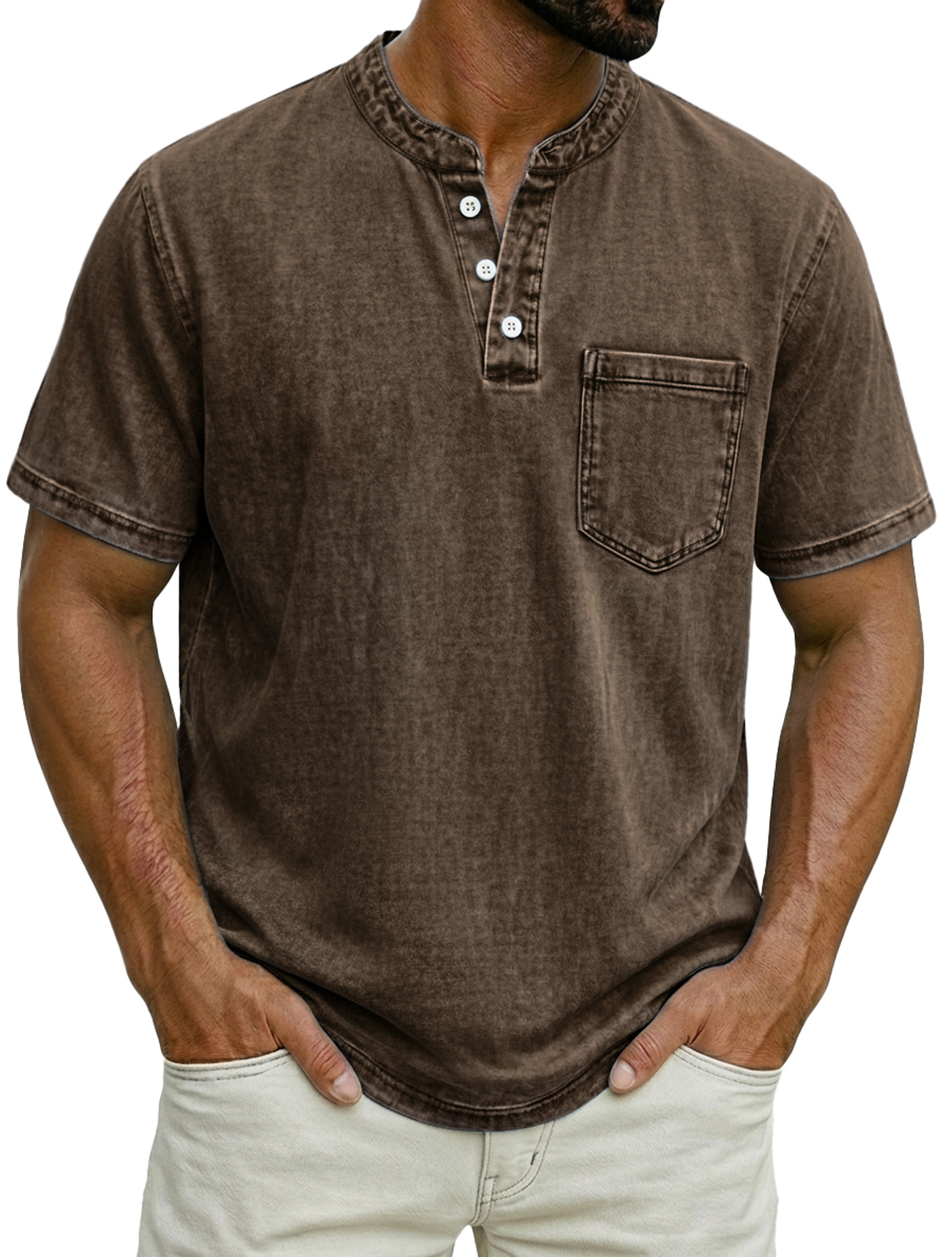 Men's Casual Retro Stand Collar Button-Down Short Sleeve Henley Shirt