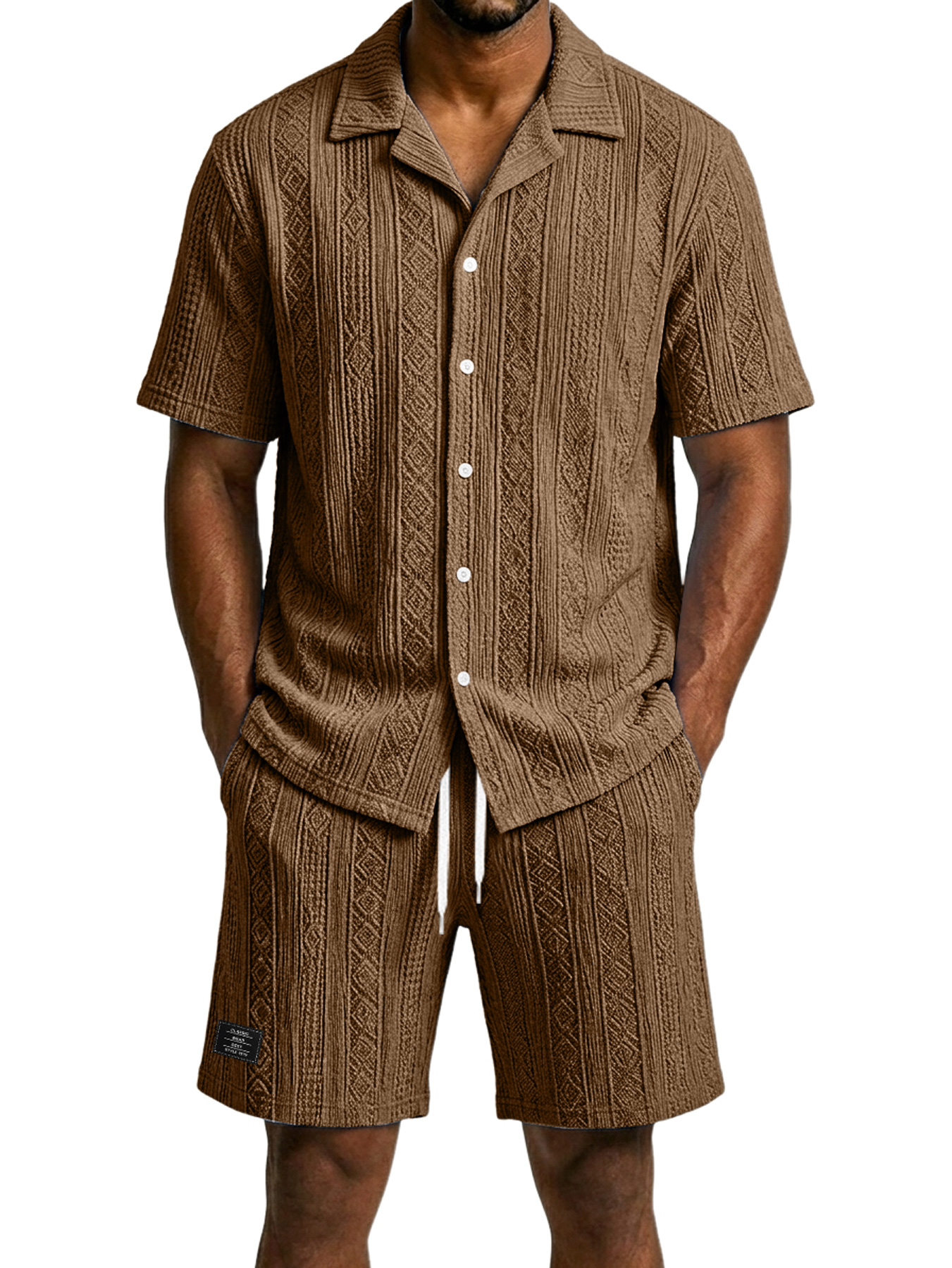 Men's Casual Jacquard Textured Solid Color Shirt and Shorts Two-Piece Set