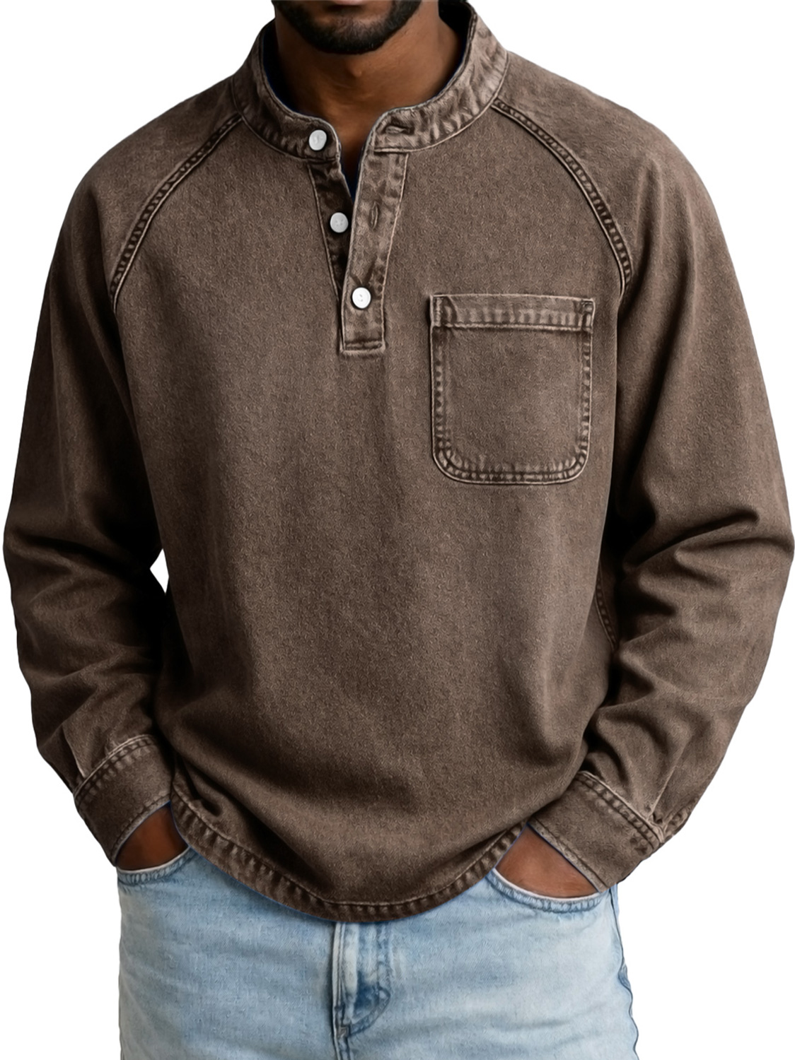 Men's Vintage Casual Raglan Sleeve Pocket Long-sleeved Henley Shirt