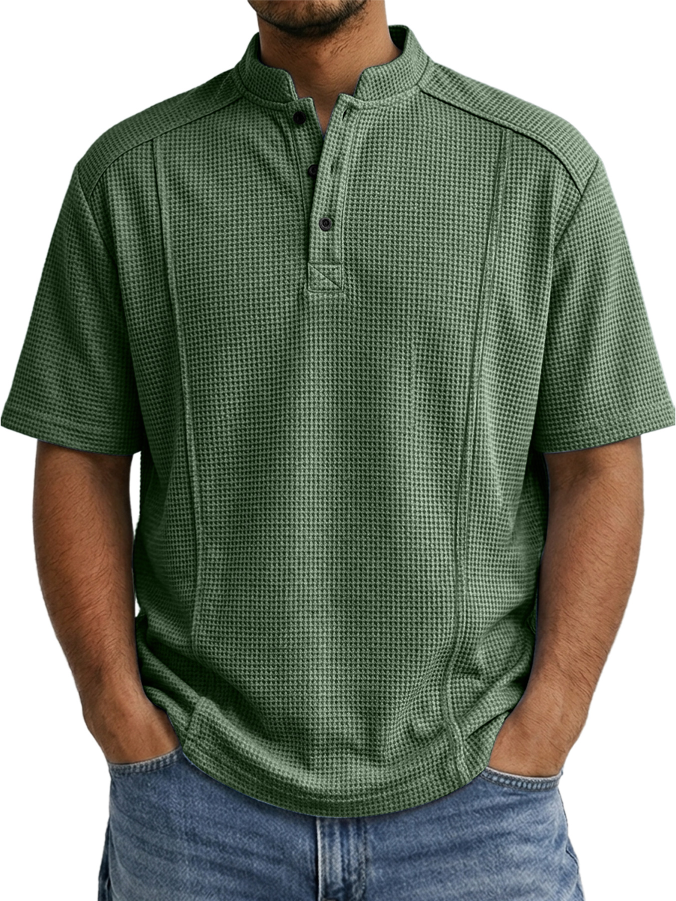 Men's Waffle-knit Deconstructed Stand-up Collar Button-down Casual Short-sleeved Henley Shirt