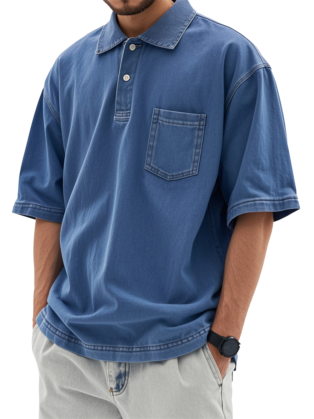 Men's Retro Distressed Washed Workwear Pocket Short-sleeved Polo Shirt