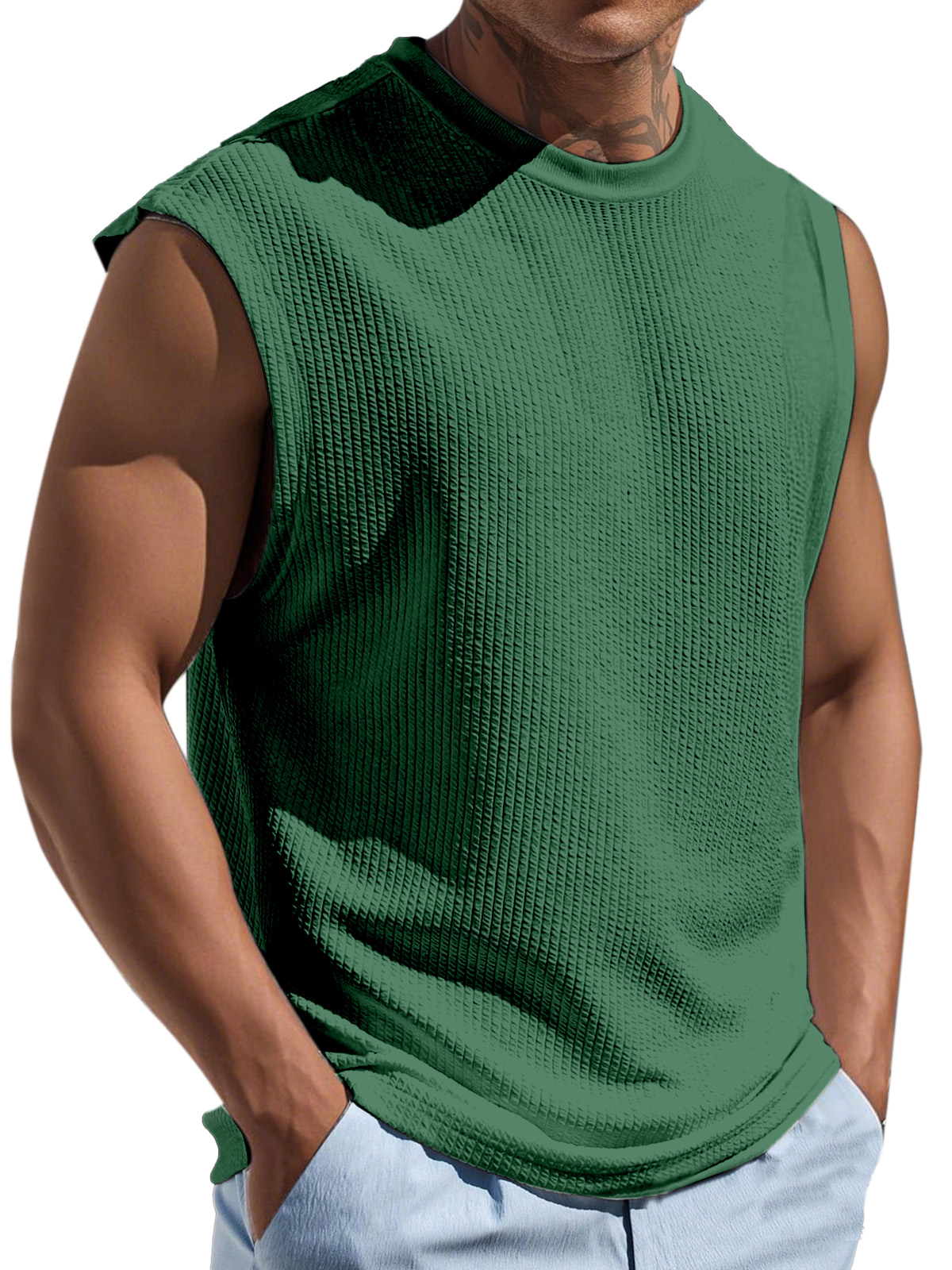 Men's Casual And Comfortable Texture Solid Color Round Neck Sleeveless T-shirt