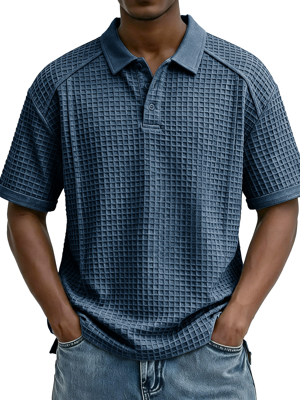 Men's Fashion Retro Waffle Fabric Collared Short-Sleeve Polo Shirt