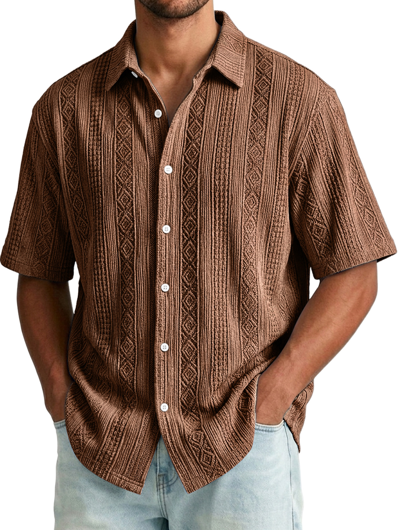 Men's Jacquard Textured Casual And Comfortable Short-sleeved Shirt