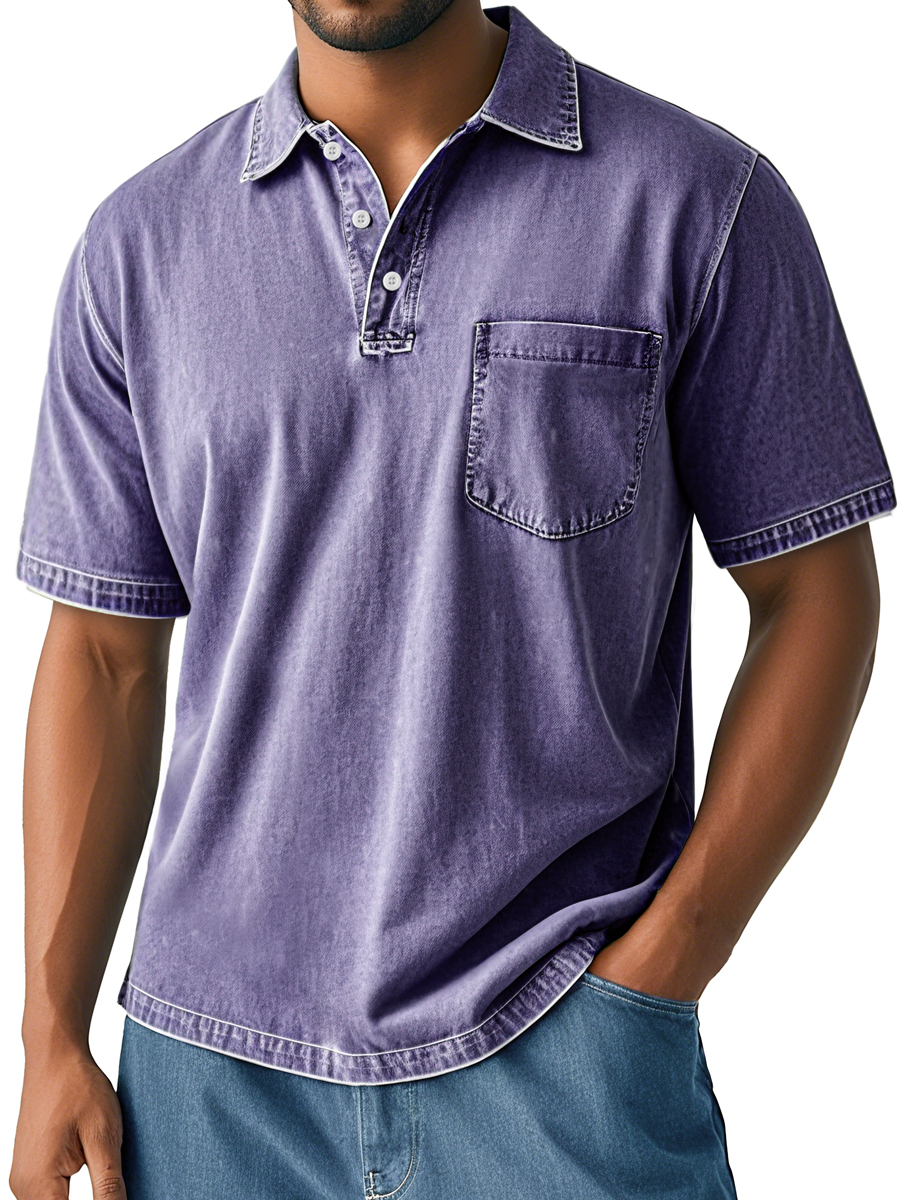 Men's Retro Washed Casual Lapel Pocket Comfortable Short Sleeve Polo Shirt