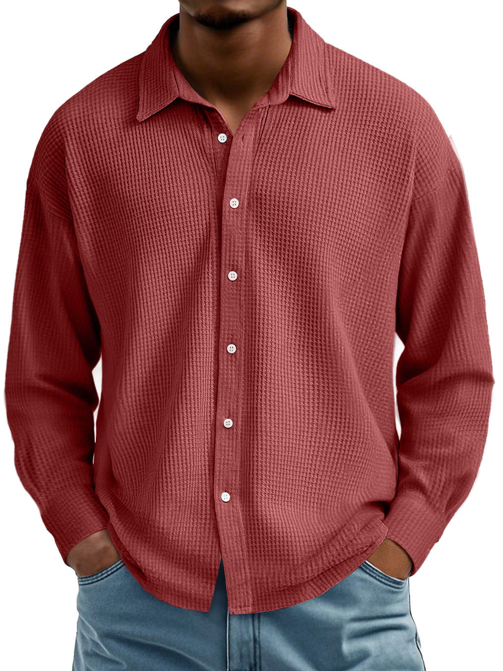 Men's Waffle Lapel Casual Comfort Long Sleeve Shirt