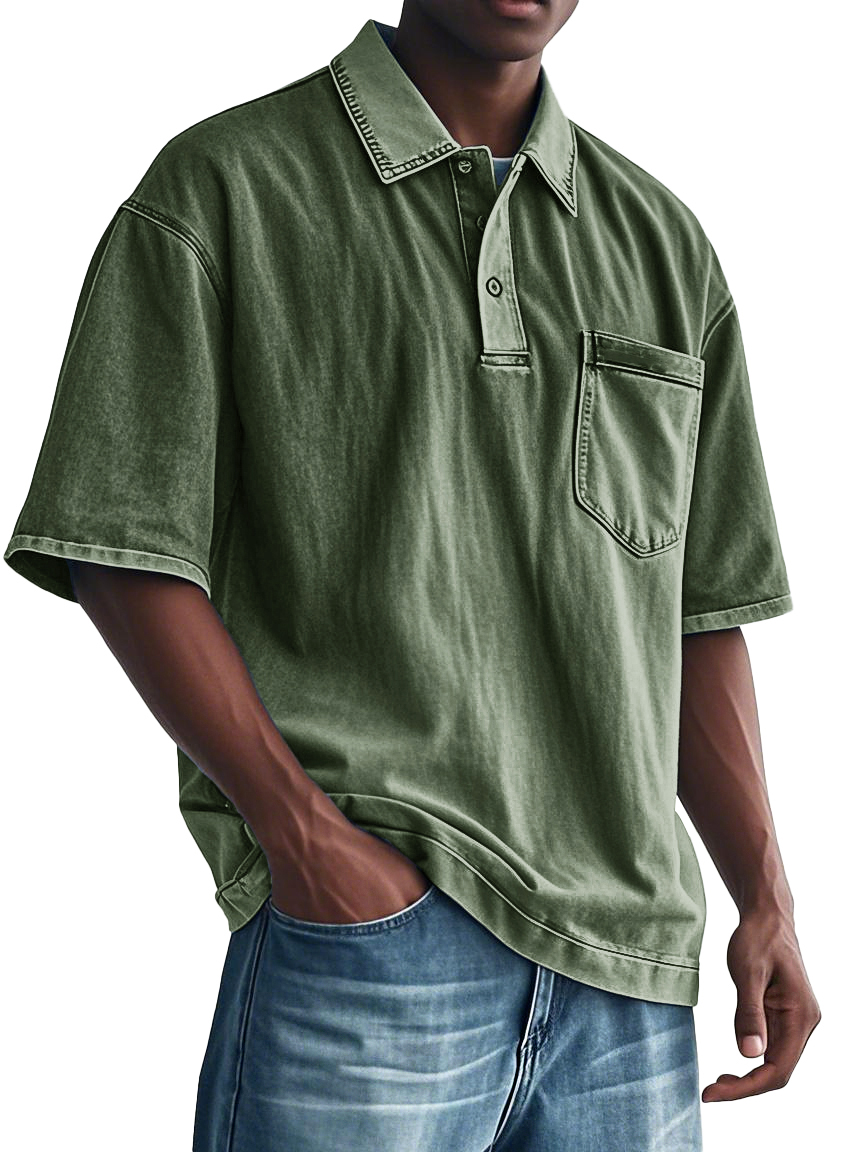 Men's Fashion Retro Distressed Lapel Pocket Polo Shirt