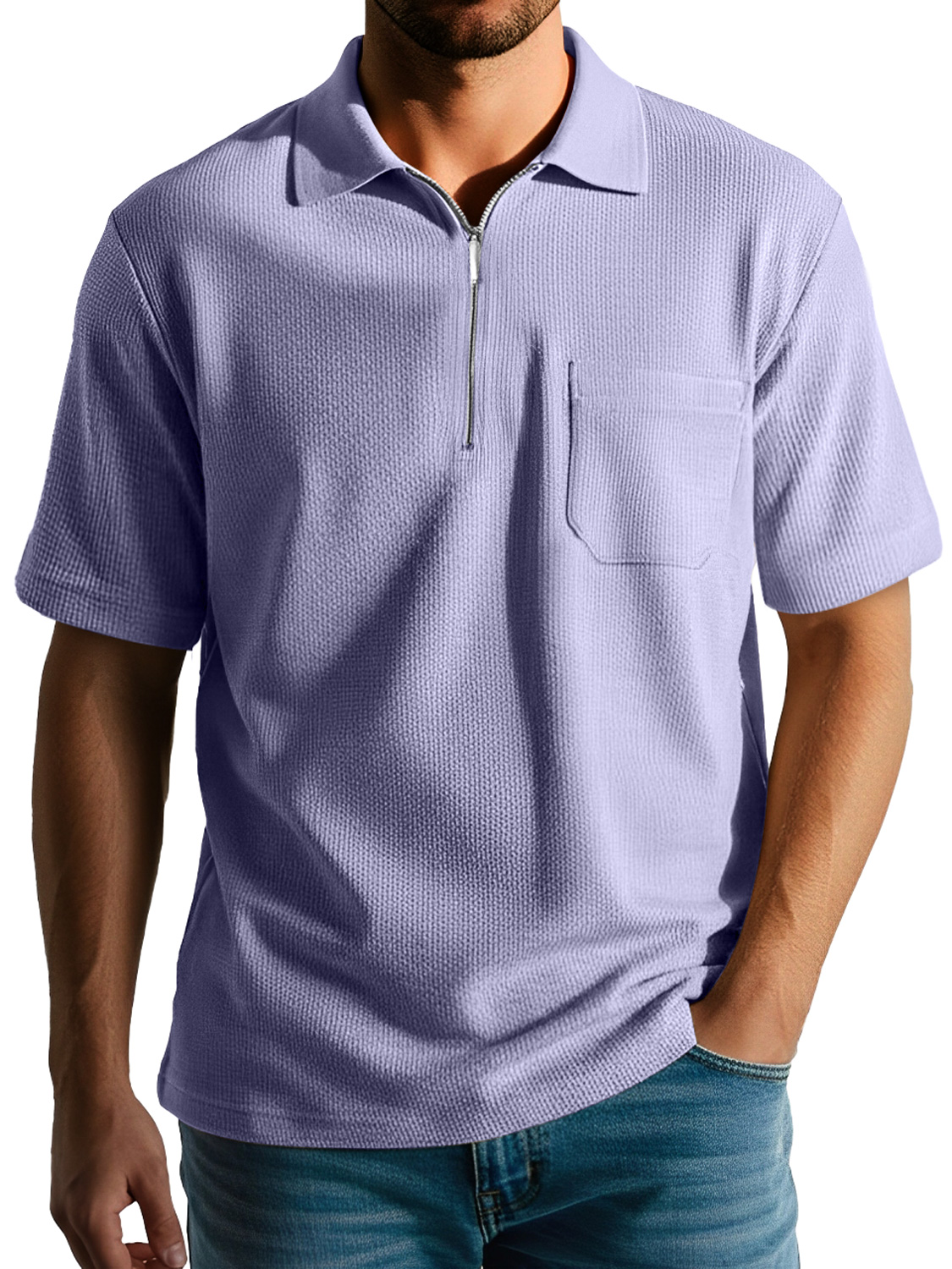 Men's Daily Casual Texture Lapel Zipper Comfortable Short-sleeved Polo Shirt