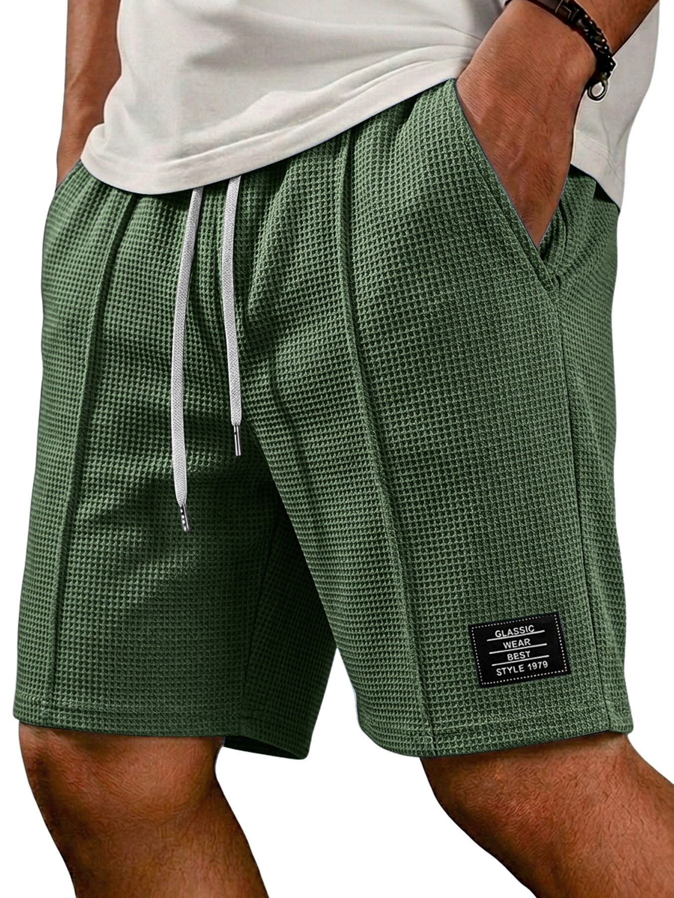 Men's Waffle Embroidered Logo Casual Solid Color Shorts