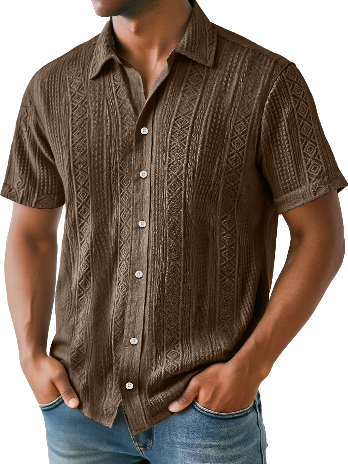 Men's Daily Simple Jacquard Texture Casual And Comfortable Solid Color Short-sleeved Shirt