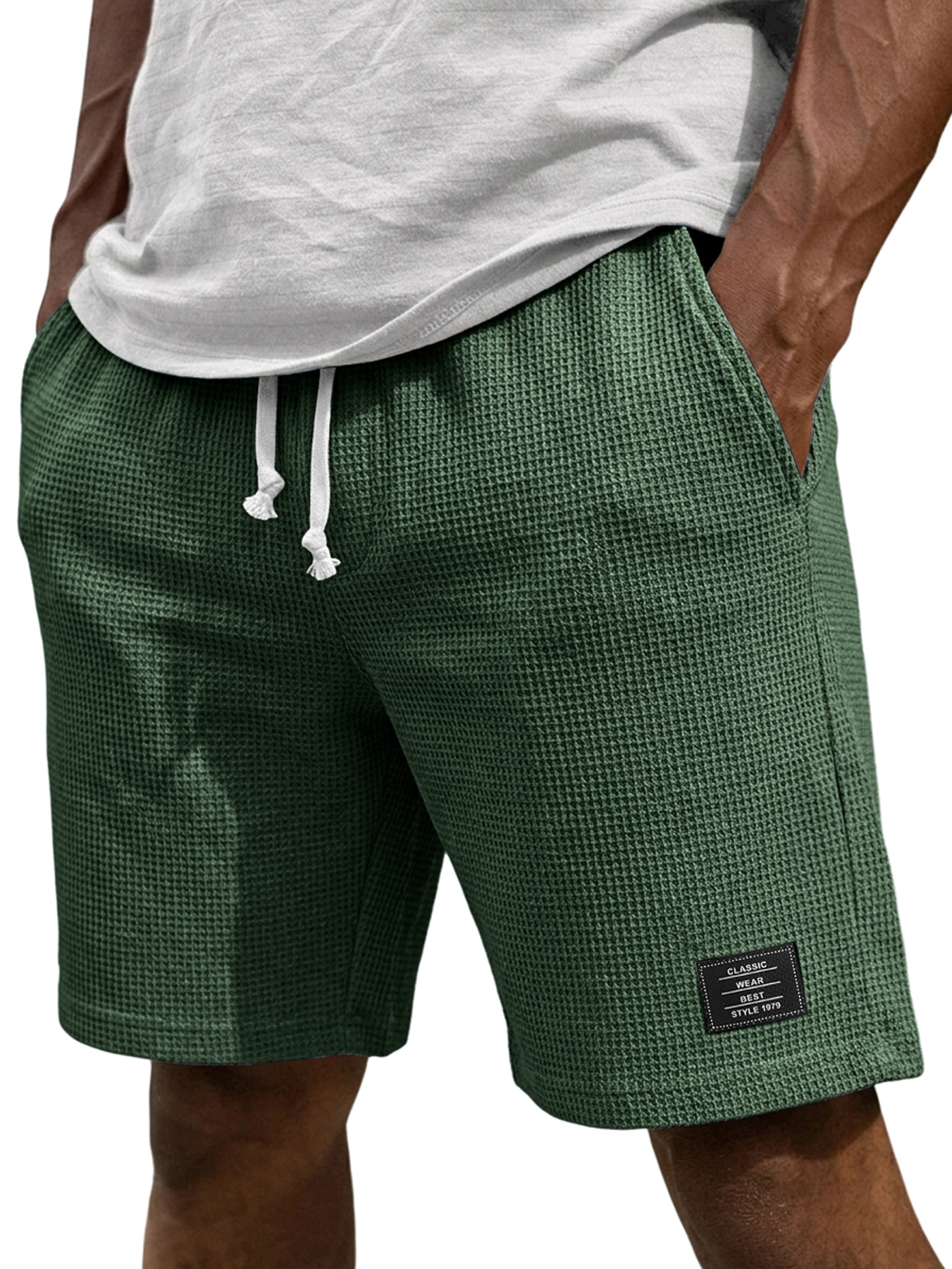 Men's Casual Waffle Embroidered Logo Elastic Waist Loose Shorts