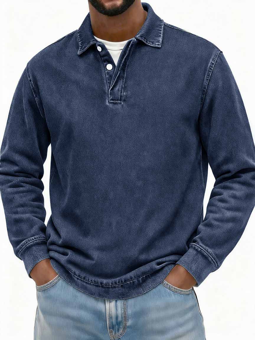 Men's Stylish Vintage Washed And Distressed Fabric Long-sleeved Polo Shirt With A Double-layer Placket And A Design Lapel